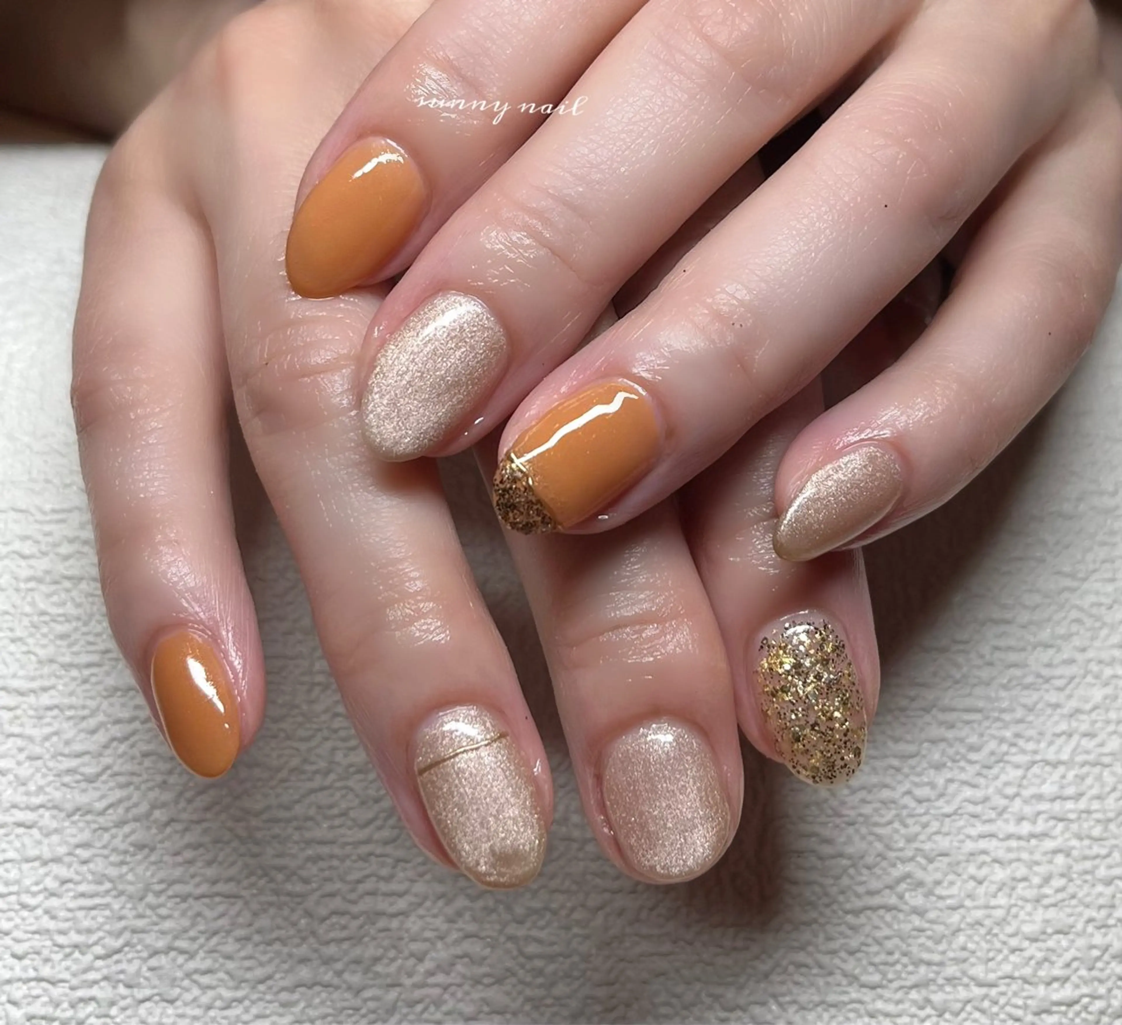 ネイル ジェルネイル マグネットネイル ミラーネイル オレンジ パラジェル sunny nailのネイルデザイン