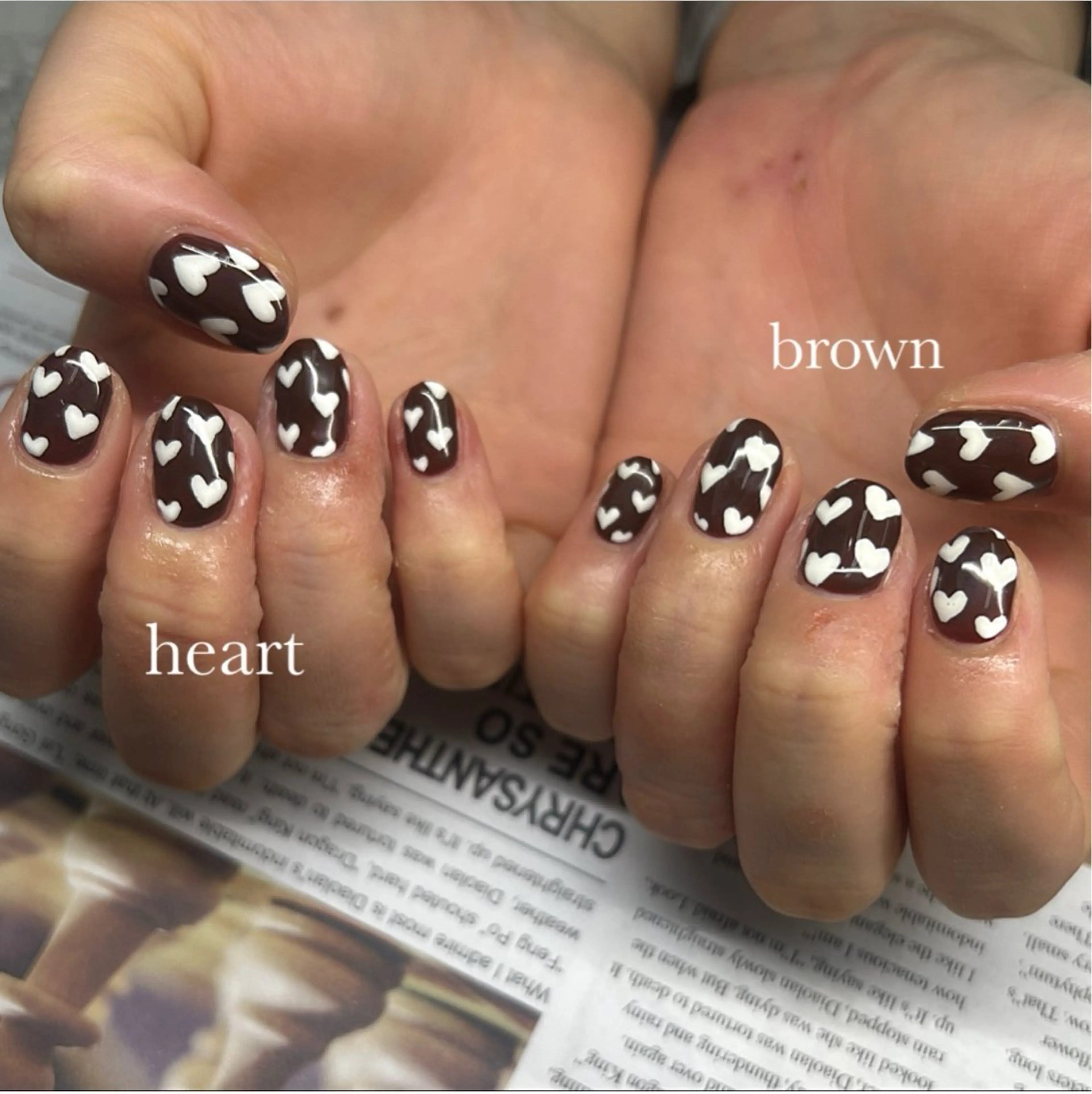 ネイル ブラウン ハート 韓国ネイル ロングネイル ショートネイル ハンドネイル Luann nail Sakiのネイルデザイン