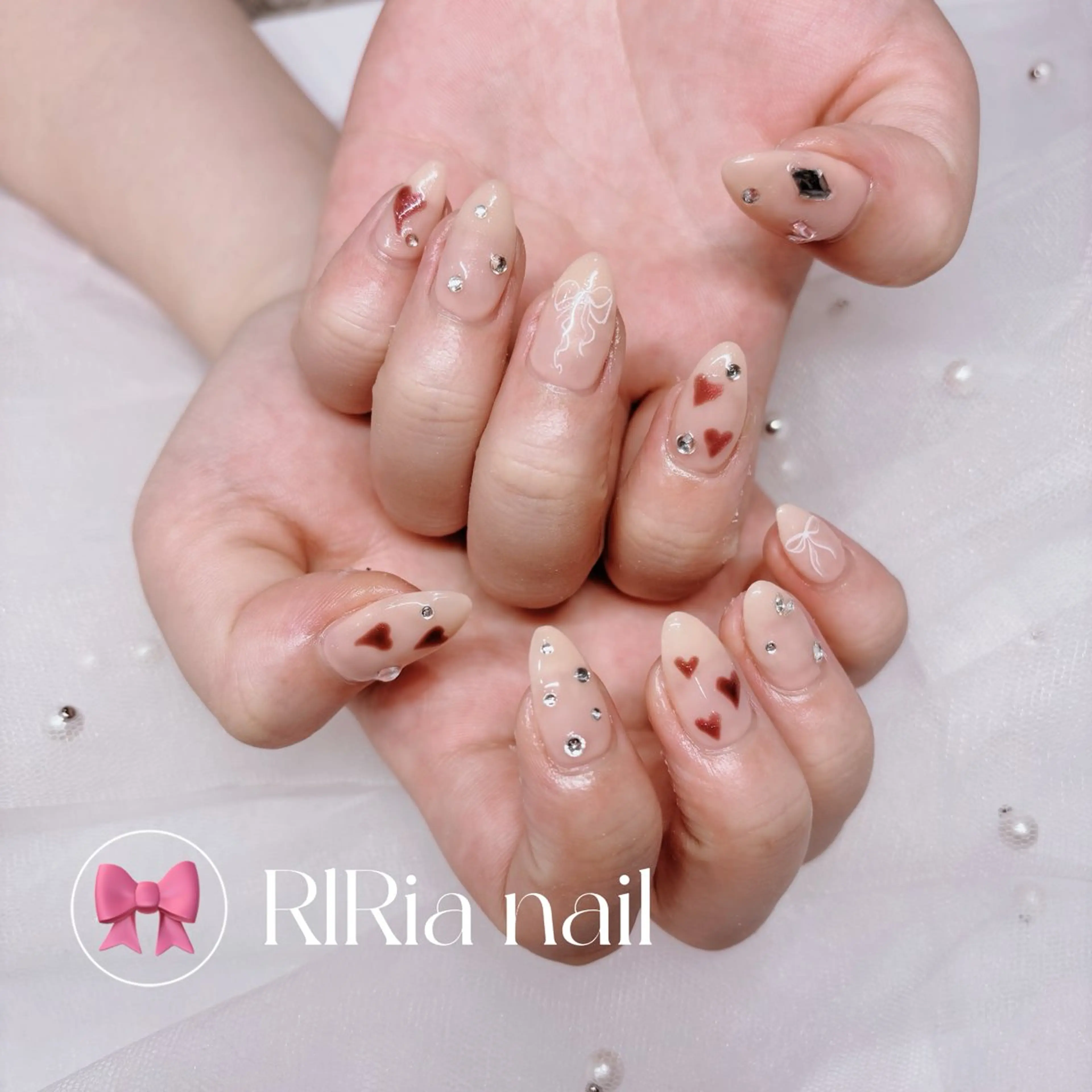 ネイル アートネイル ガーリー ハート ぷっくりネイル リボン ハンドネイル 🎀RIRia nail🎀のネイルデザイン