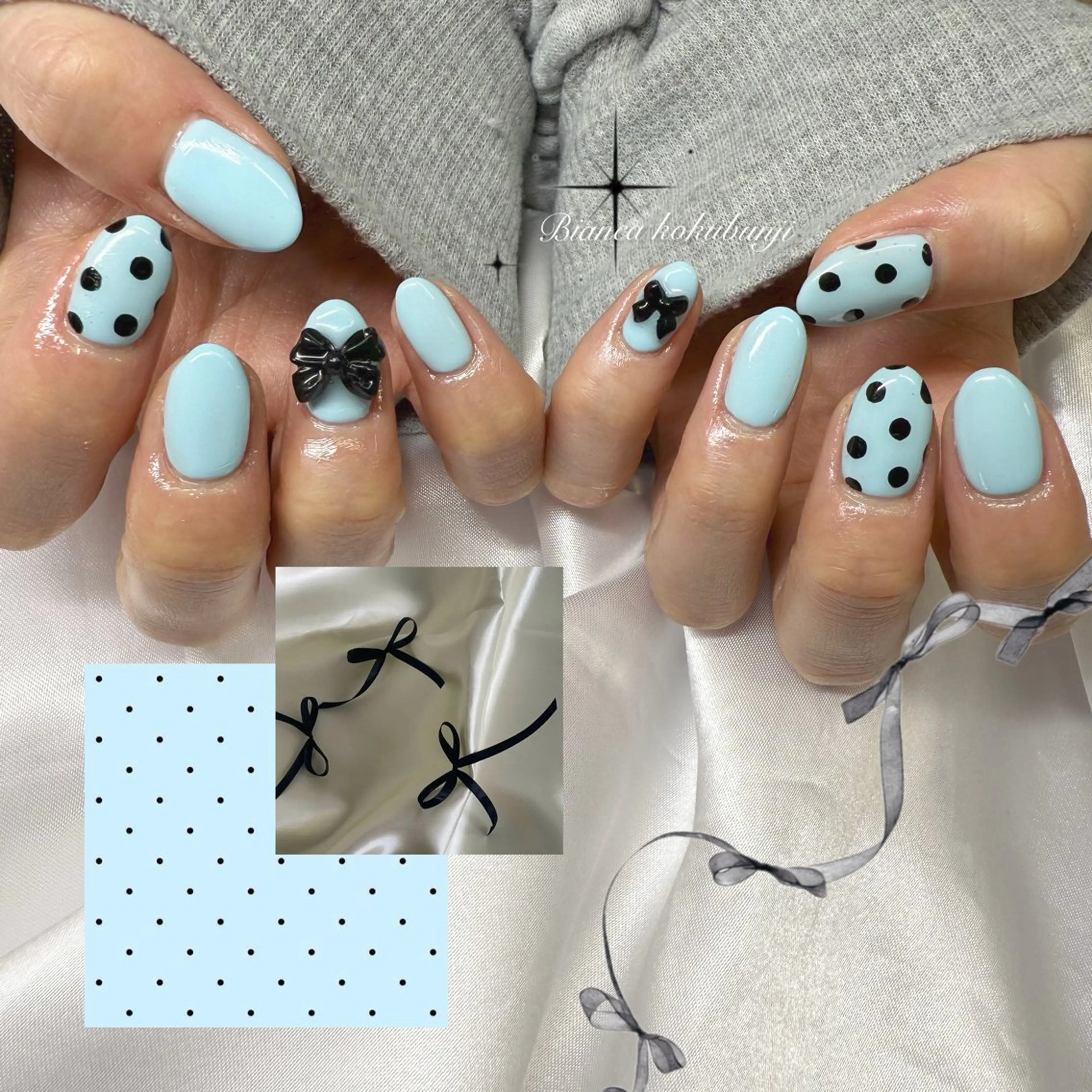 ネイル ドット 水色 リボン ハンドネイル Bianca☁国分寺 🤍店長/黒木愛美のネイルデザイン