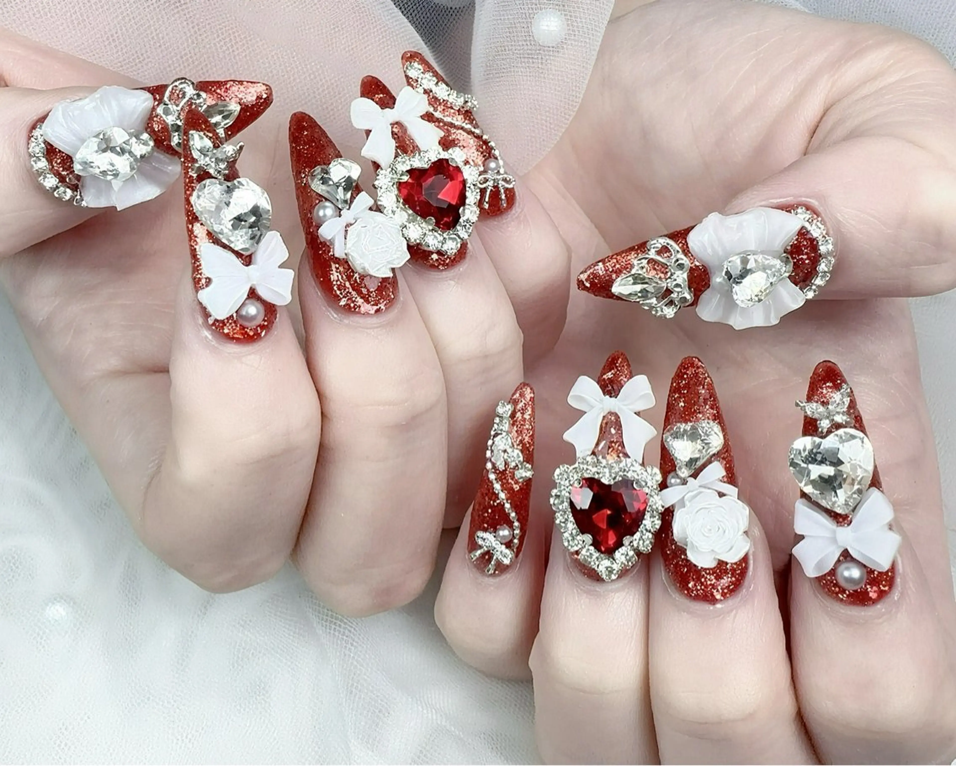 ネイル フラッシュネイル ハート 赤色 リボン ハンドネイル ハンドケア Gote Kawa nail salonのネイルデザイン