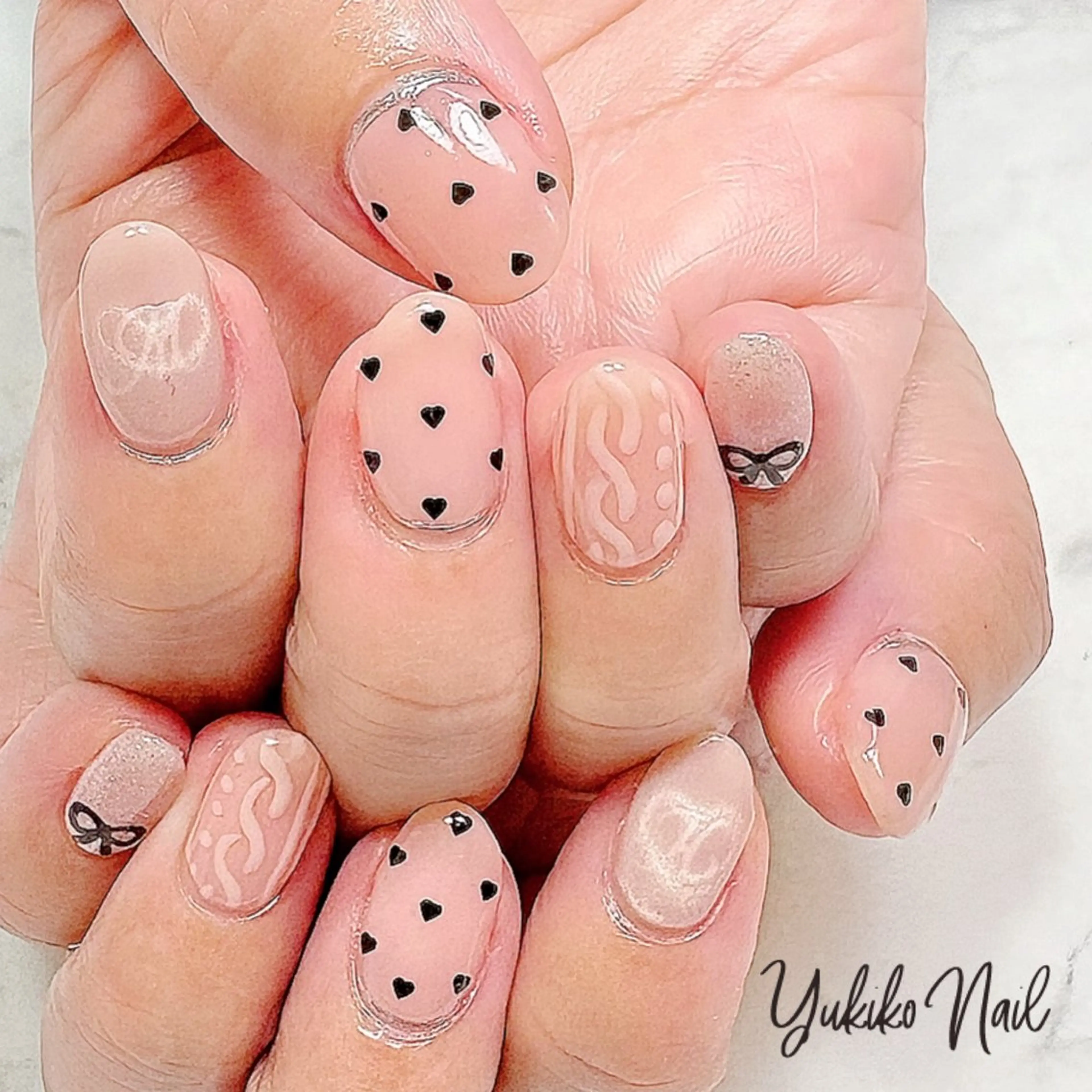 ネイル ハート ピンク ピンクベージュ ハンドネイル ユキコ ネイルのネイルデザイン