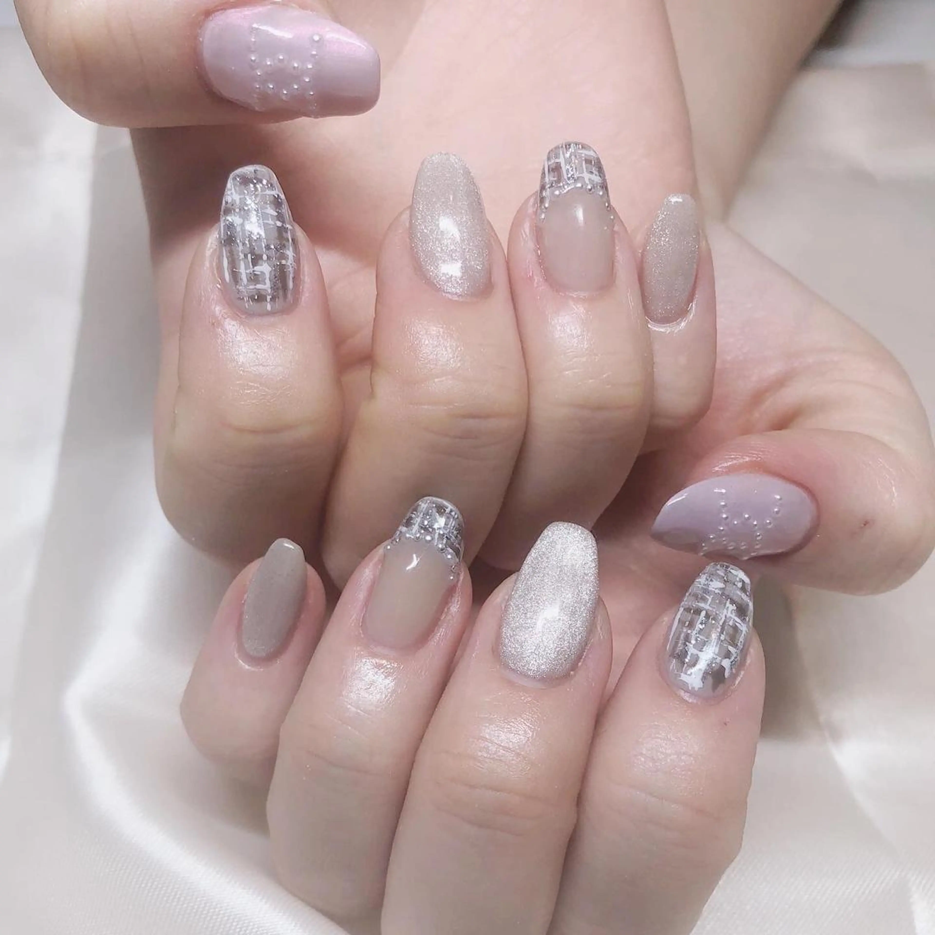 ネイル ツイードネイル ハンドネイル 【岐阜💅🏻】 オトナ可愛い🤍🪄のネイルデザイン