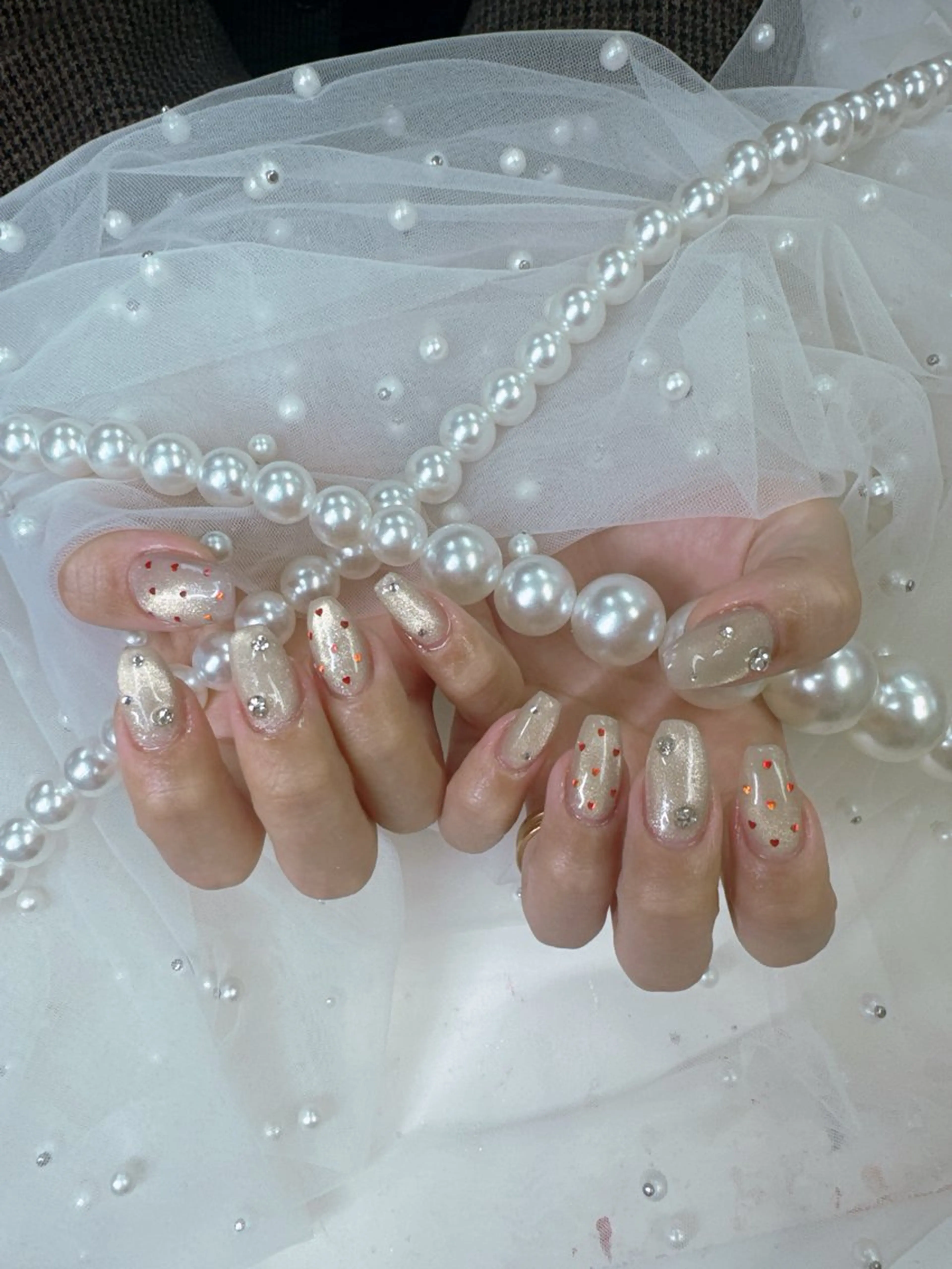 ネイル 成人式 フレンチネイル ジェルネイル ガラスフレンチ キラキラネイル Queeens nailのネイルデザイン