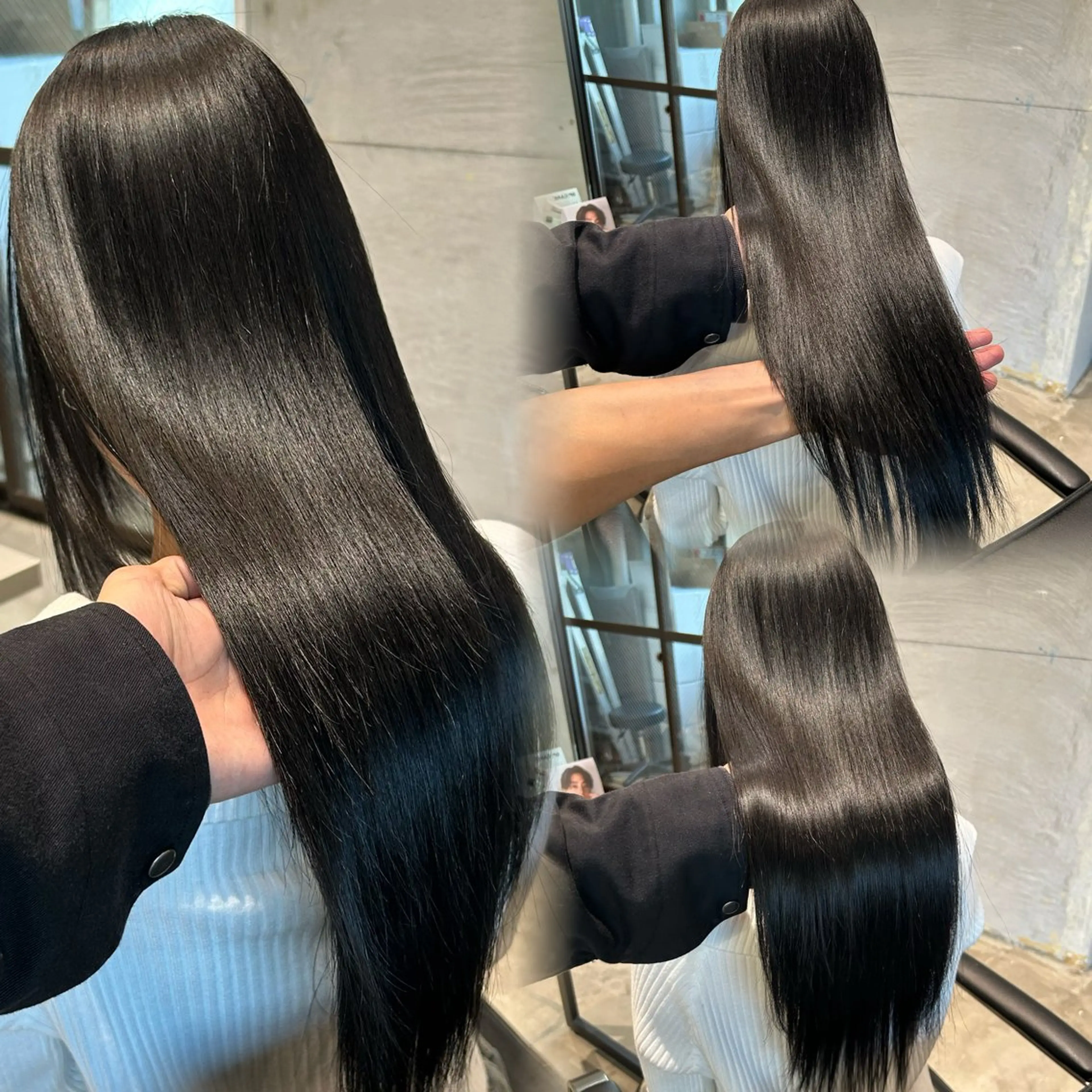 ロング 縮毛矯正 韓国🇰🇷レイヤー カットオリーブカラーのヘアスタイル