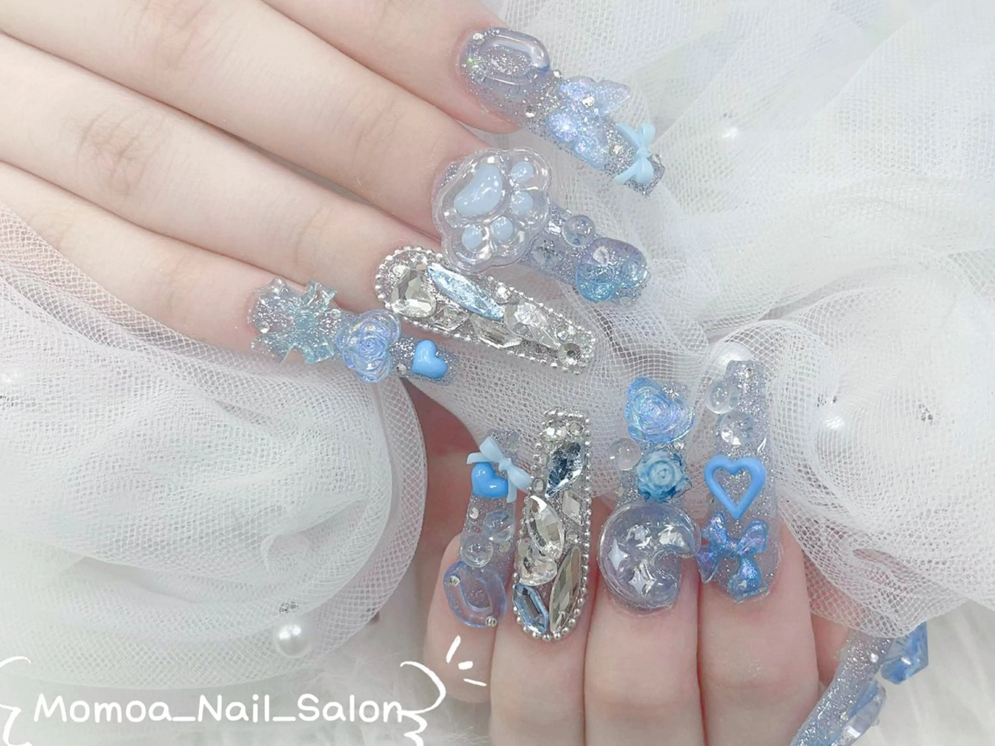 ネイル 成人式 ロングネイル マグネットネイル 大理石ネイル(マーブル) 持ち込み ハンドネイル MoMoA Nail ネイル長さ出し専門店のネイルデザイン