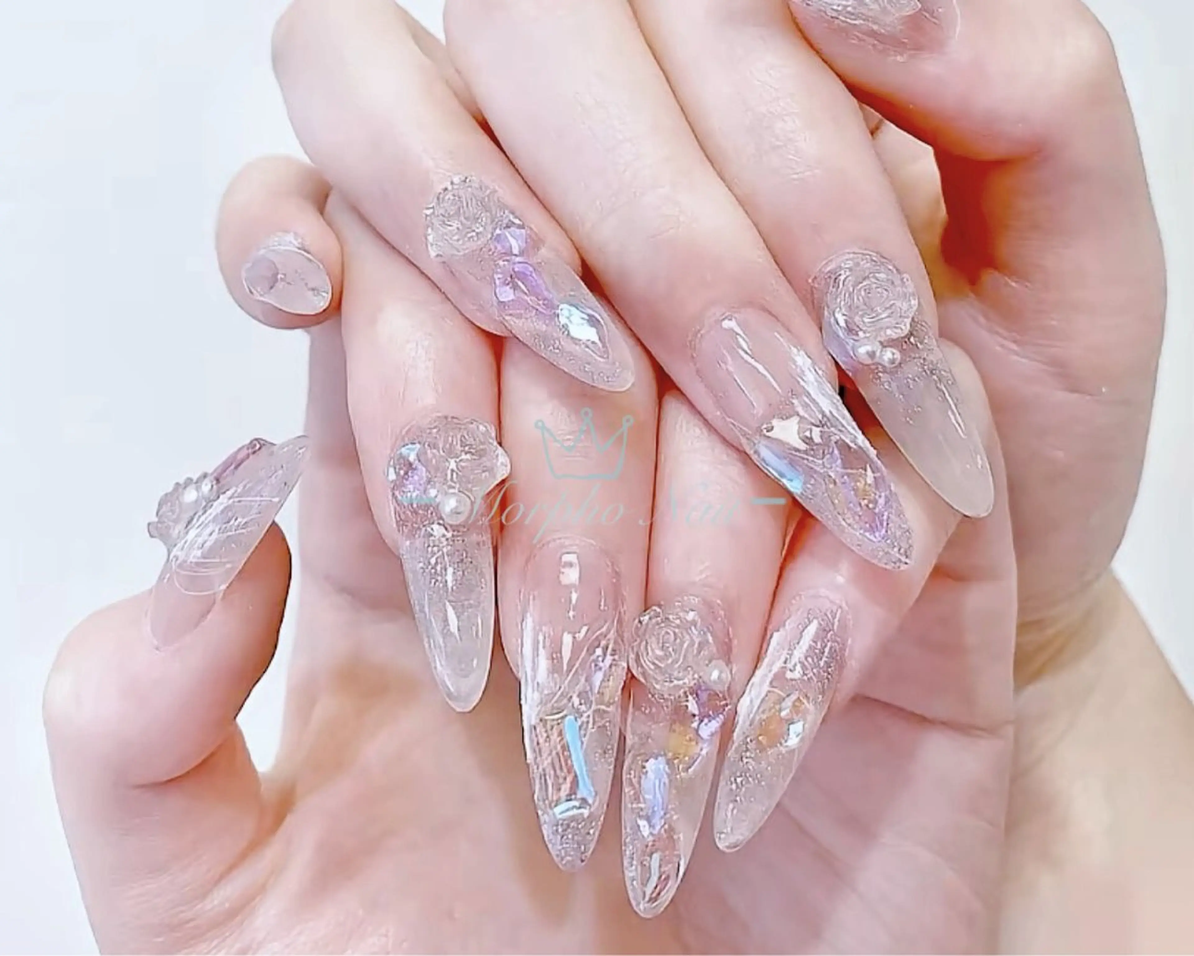 ネイル 長さ出し ジェルネイル キラキラネイル 大理石ネイル(マーブル) ニュアンスネイル ハンドネイル Morpho nailのネイルデザイン
