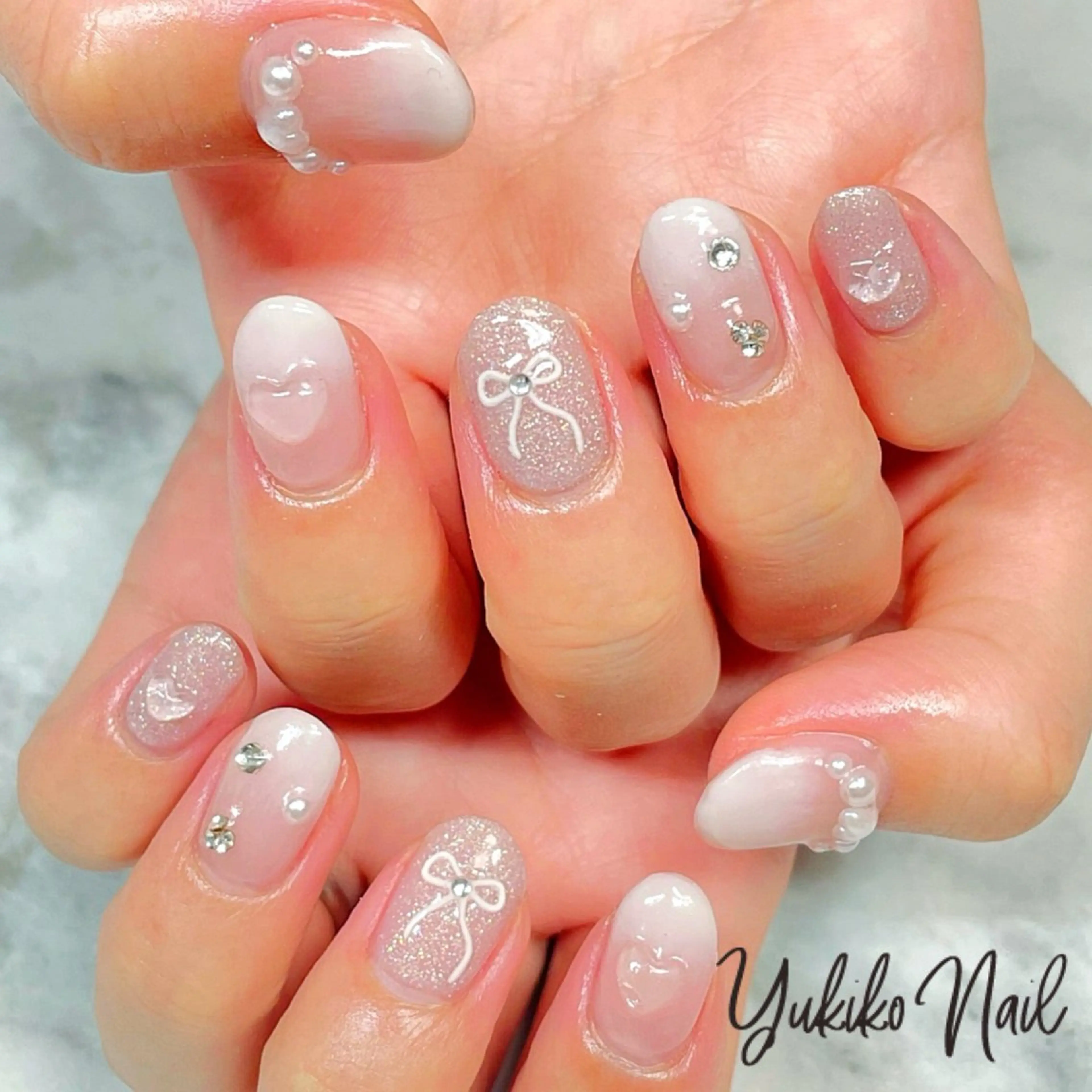ネイル ガーリー ハート 韓国ネイル リボン ワンホンネイル ハンドネイル ユキコ ネイルのネイルデザイン