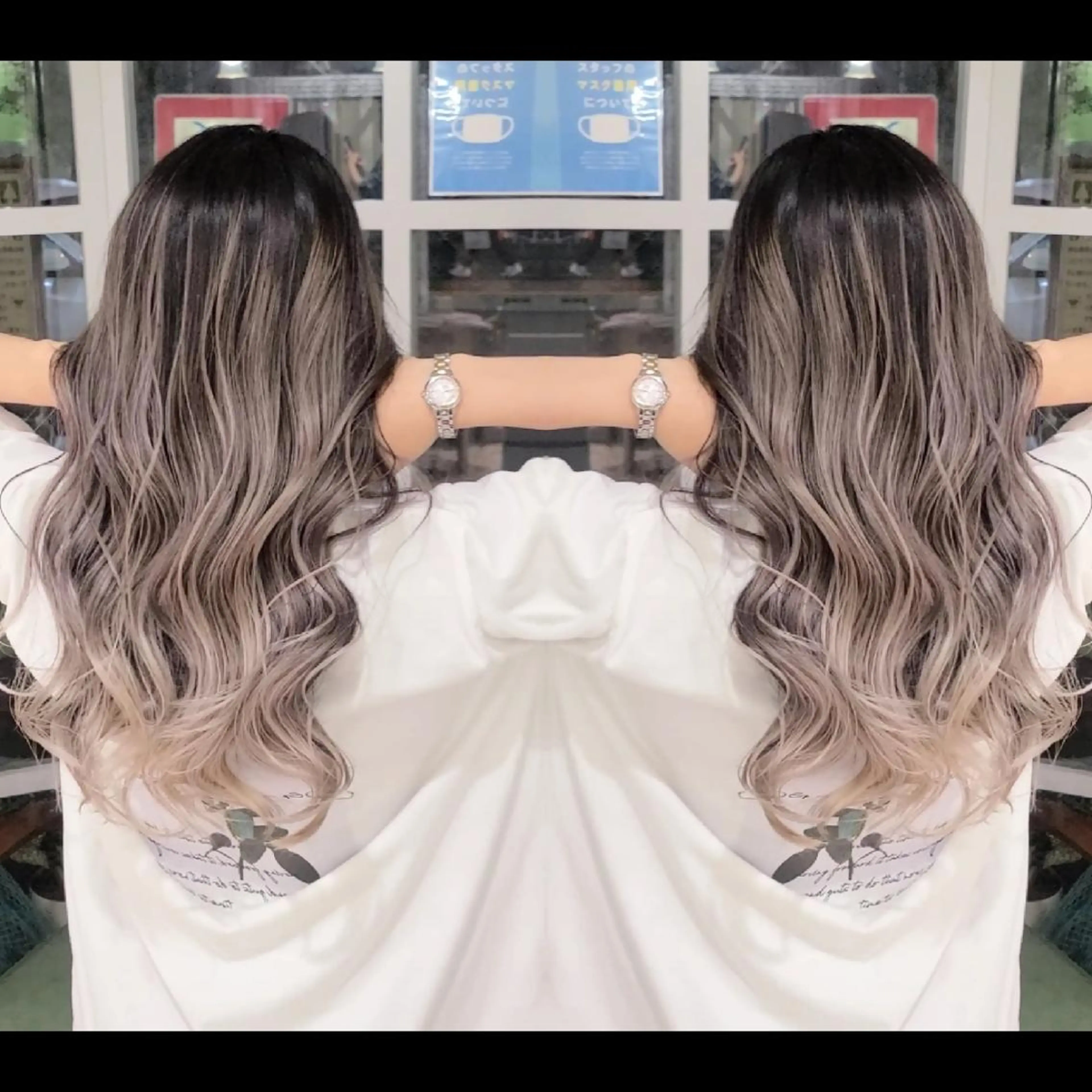 ロング カラー アッシュ アッシュグレー バレイヤージュ ベージュカラー ブリーチ バレイヤージュ/ ハイライト/大内格のヘアスタイル