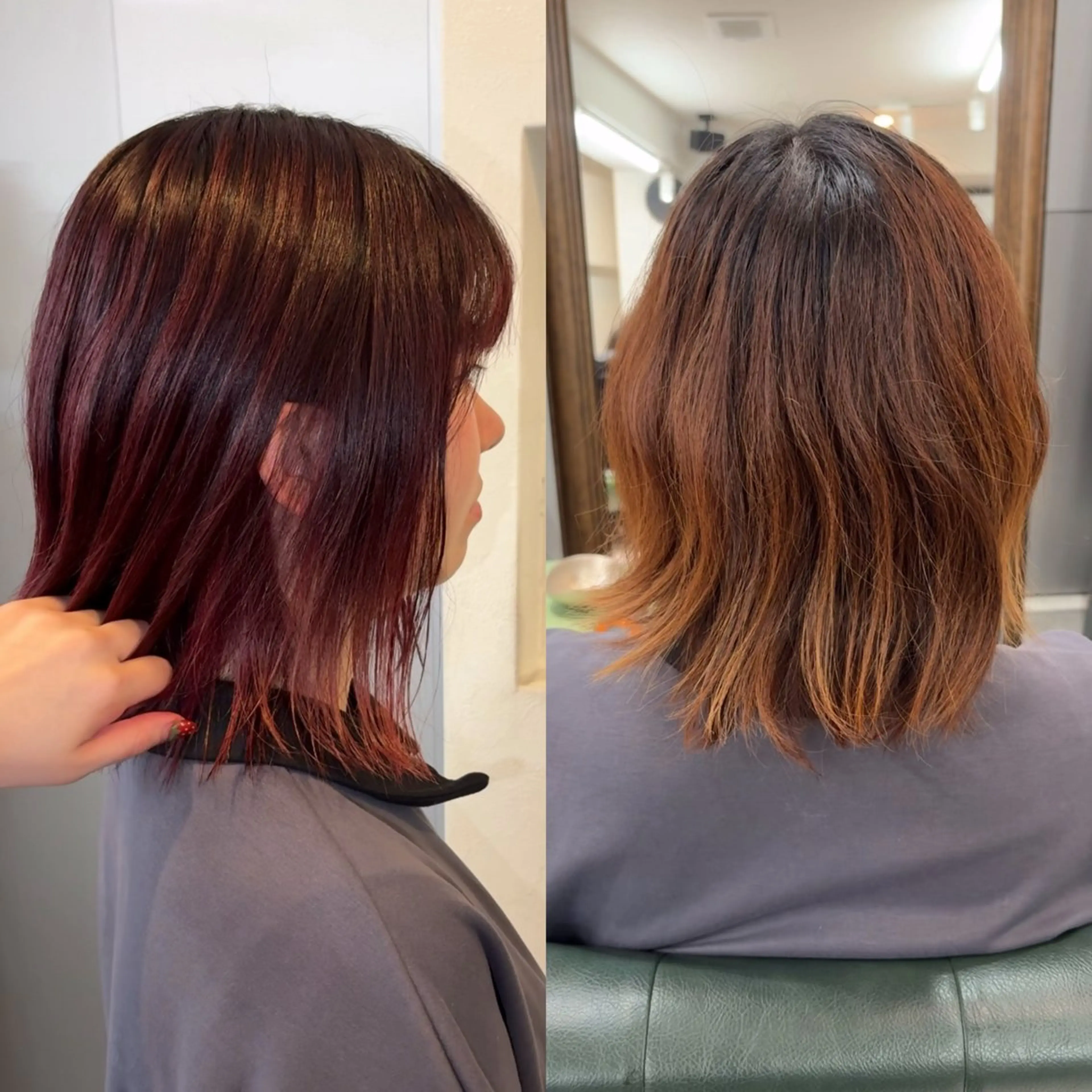 ミディアム カラー ブリーチ ブリーチなしカラー レッドカラー ヘアカラー なんば🍓 似合わせカラー🐬のヘアスタイル