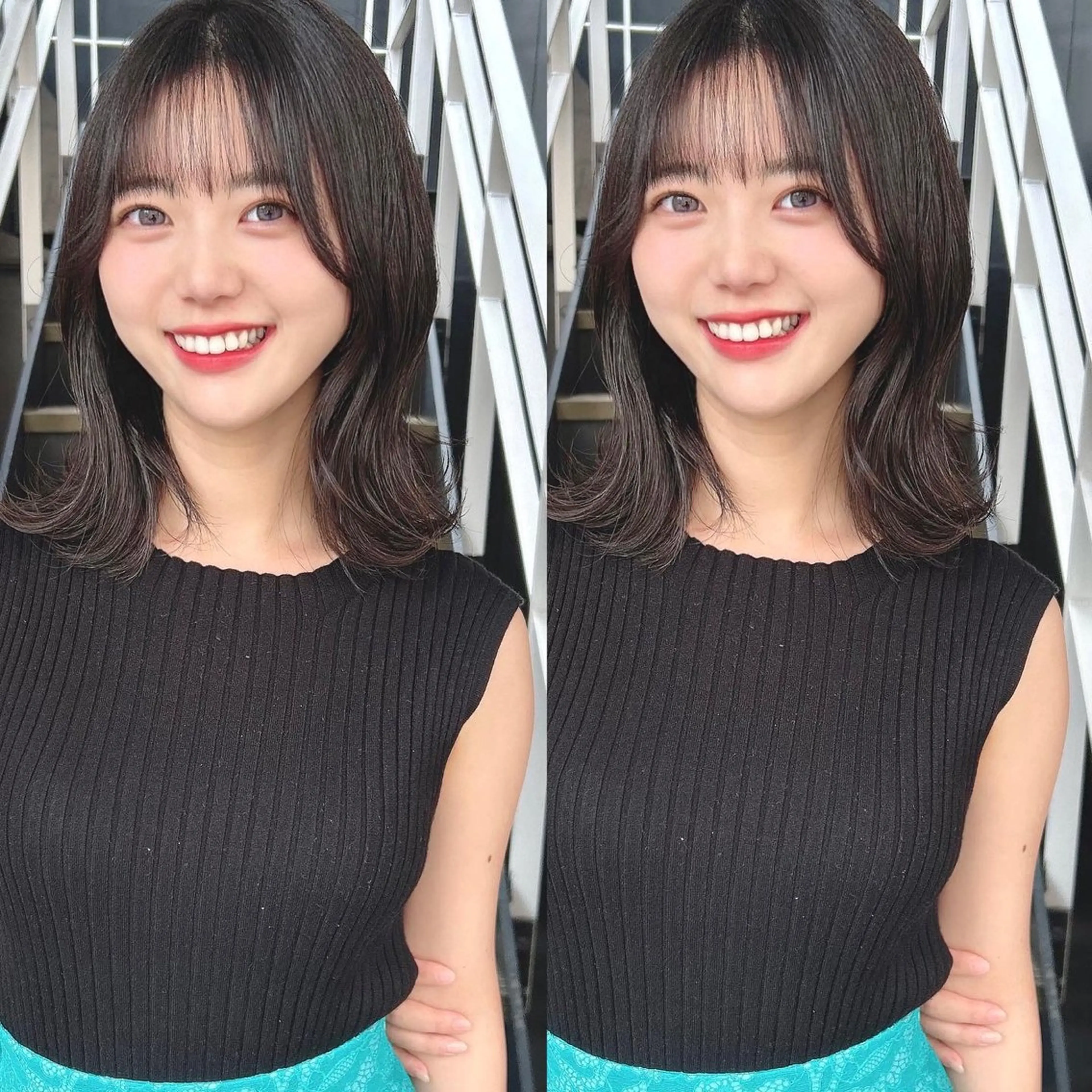 セミロング カラー 韓国🇰🇷レイヤー カットオリーブカラーのヘアスタイル