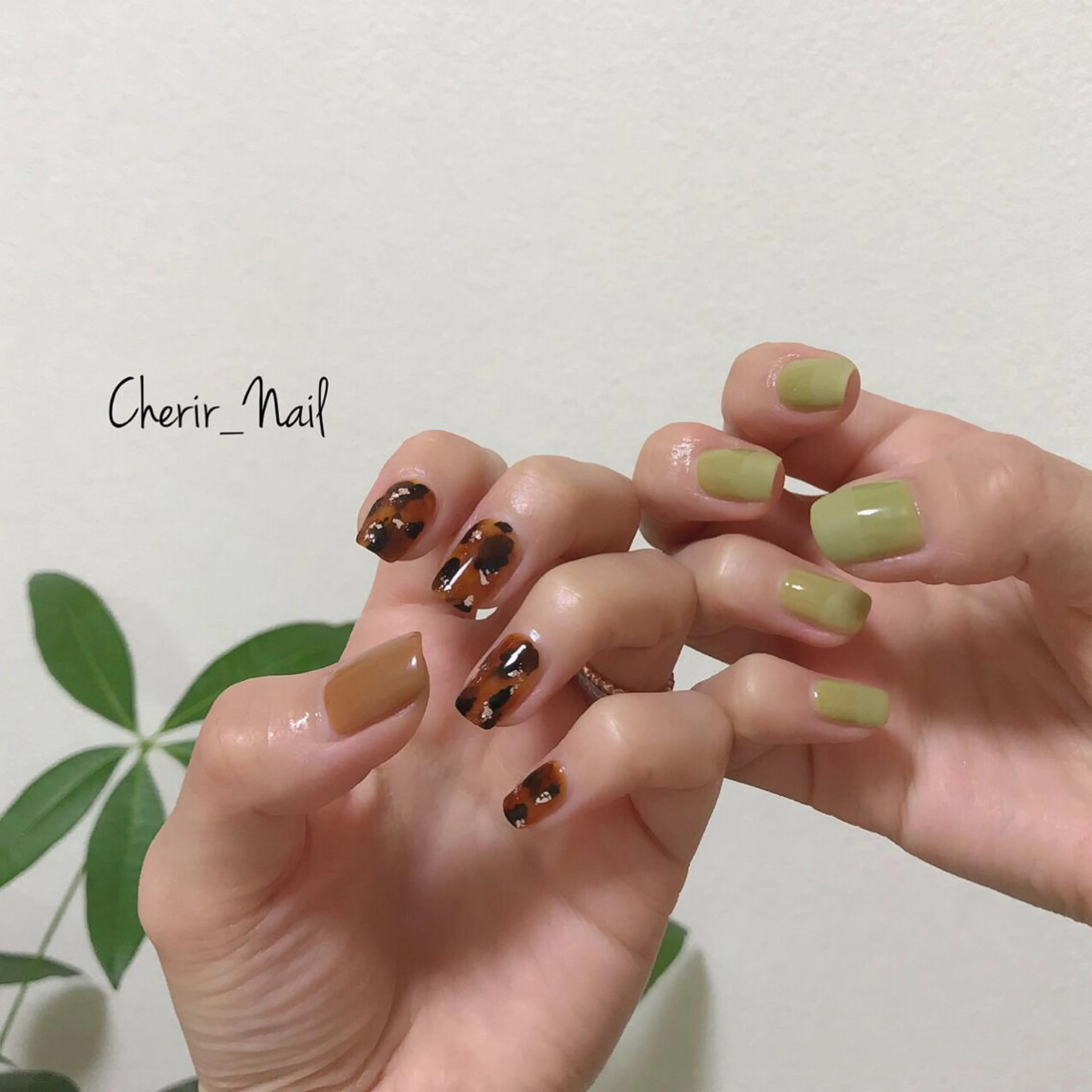 ネイル べっ甲ネイル ブラウン カジュアル グリーン 大理石ネイル(マーブル) Cherirnail kaoriのネイルデザイン