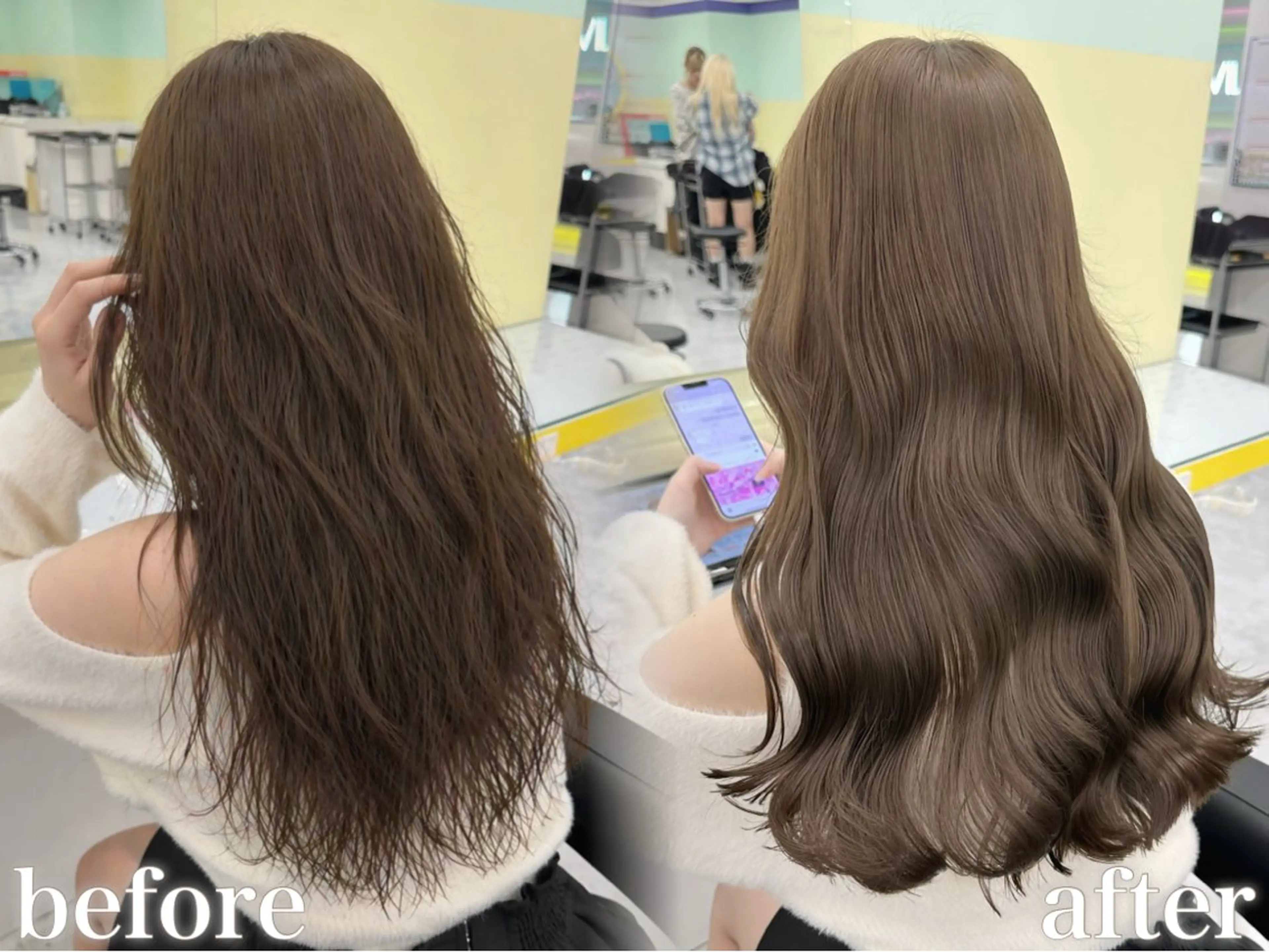 セミロング カラー カット ヘアカラー トリートメント 地毛風縮毛矯正飛我 赤み無し透明感ヘアのヘアスタイル