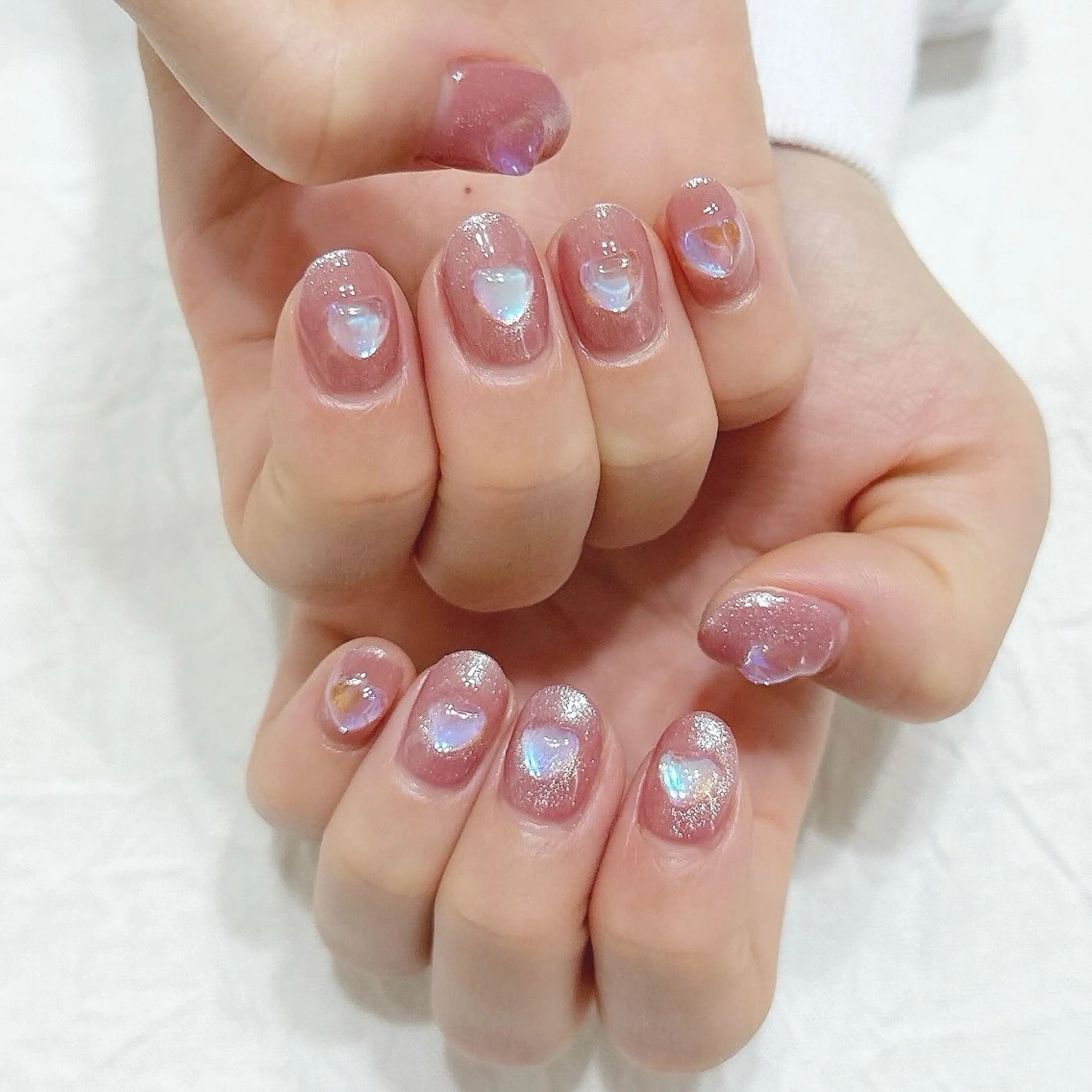 ネイル オーロラネイル ハート ラメ(グリッター) ピンク ハンドネイル peaberry nailのネイルデザイン