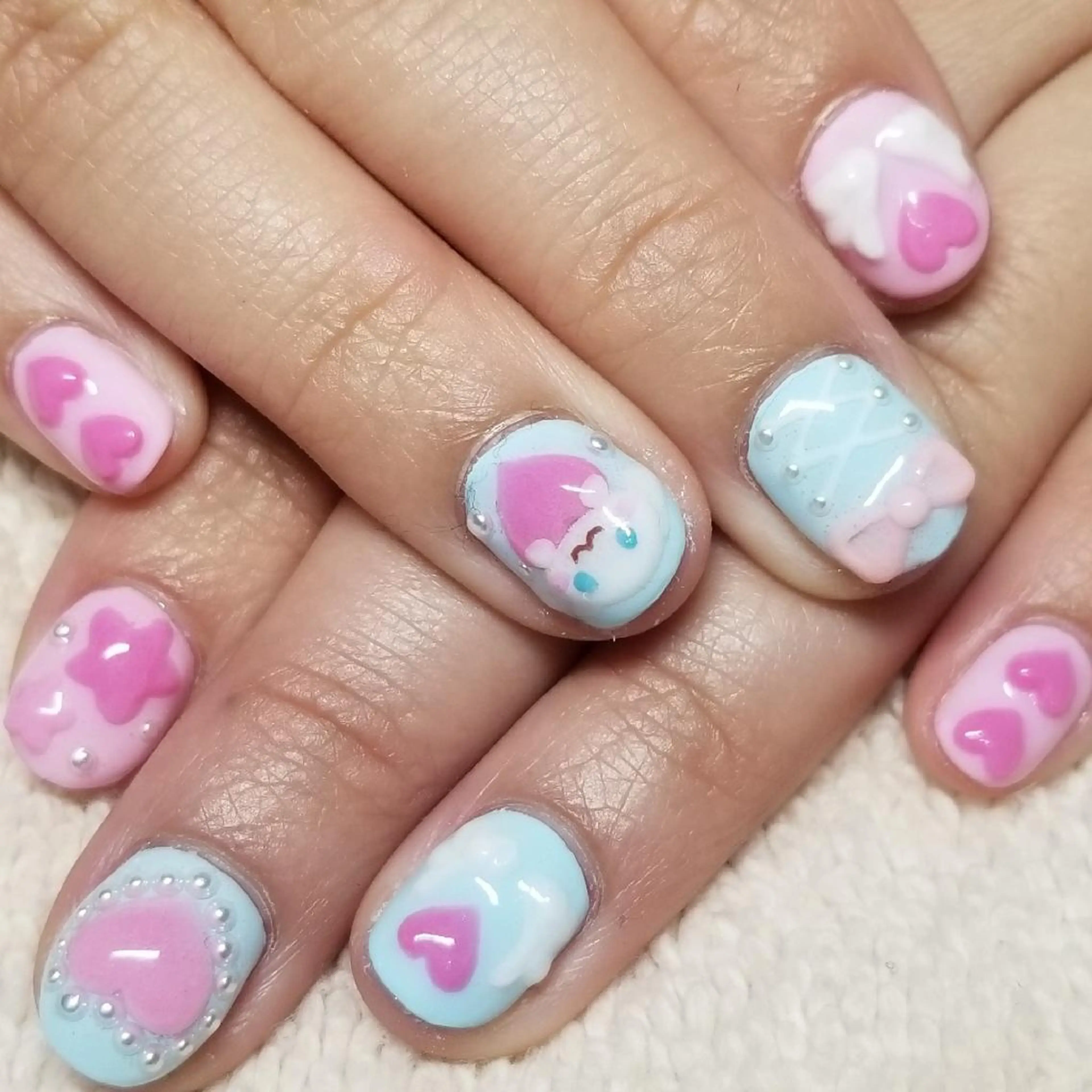 ネイル ガーリー ハート 水色 パステルネイル ピンク ハンドネイル よしだ ひろきのネイルデザイン