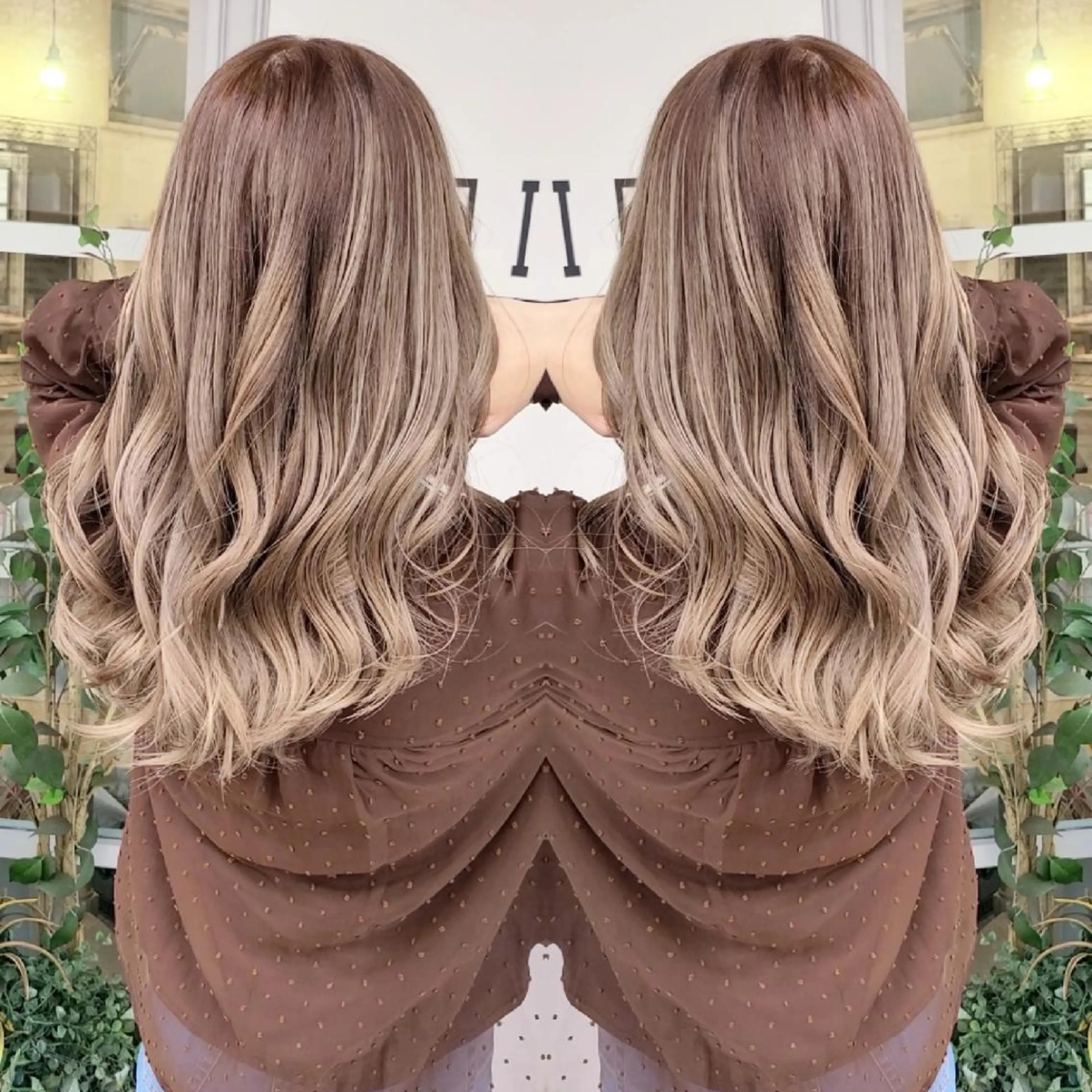 カラー セミロング アッシュ アッシュグレー バレイヤージュ ベージュカラー ブリーチ バレイヤージュ/ ハイライト/大内格のヘアスタイル