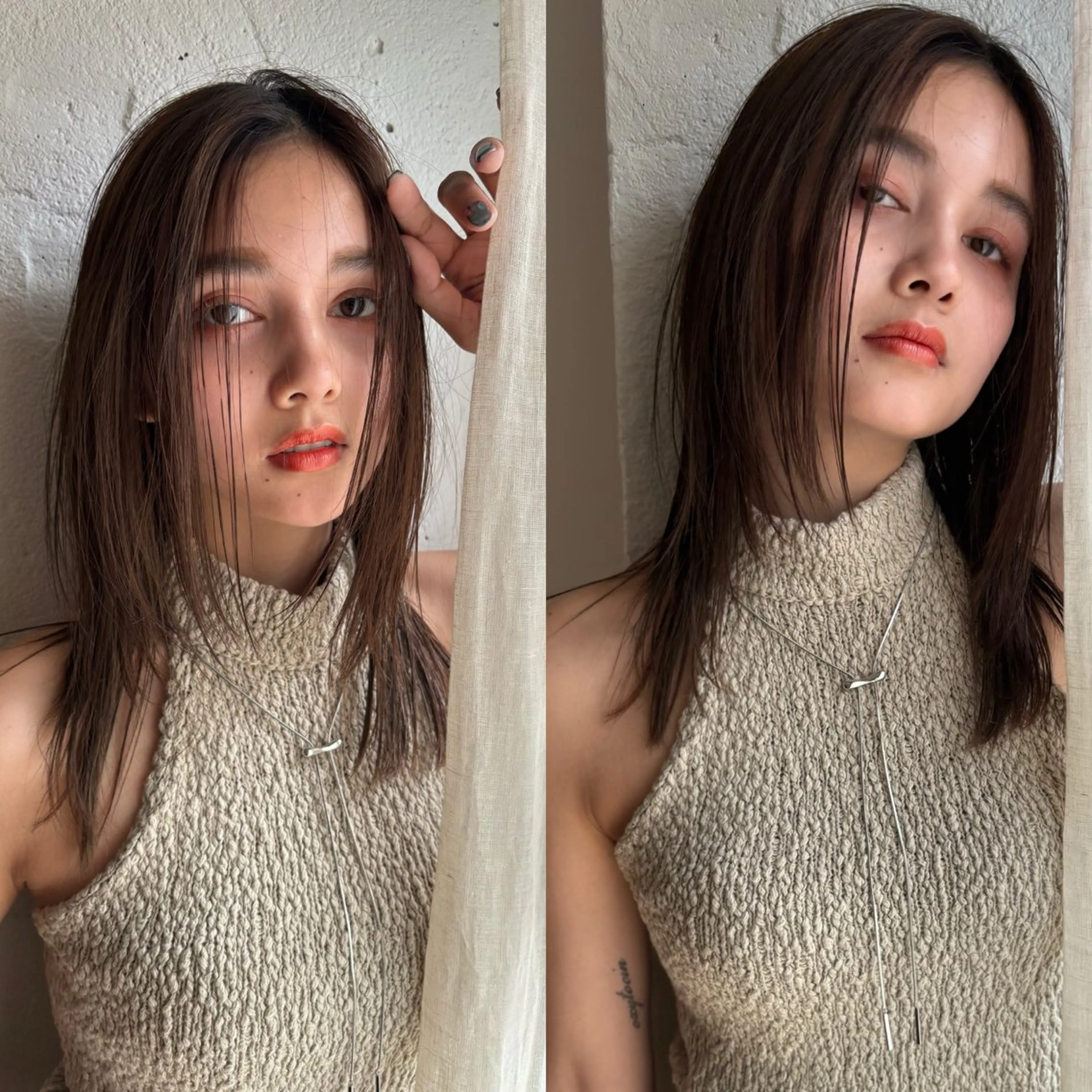 セミロング カラー 顔まわりレイヤー 顔周りカット ハッシュカット レイヤーカット カット ヘアカラー トリートメント green 表参道のヘアスタイル