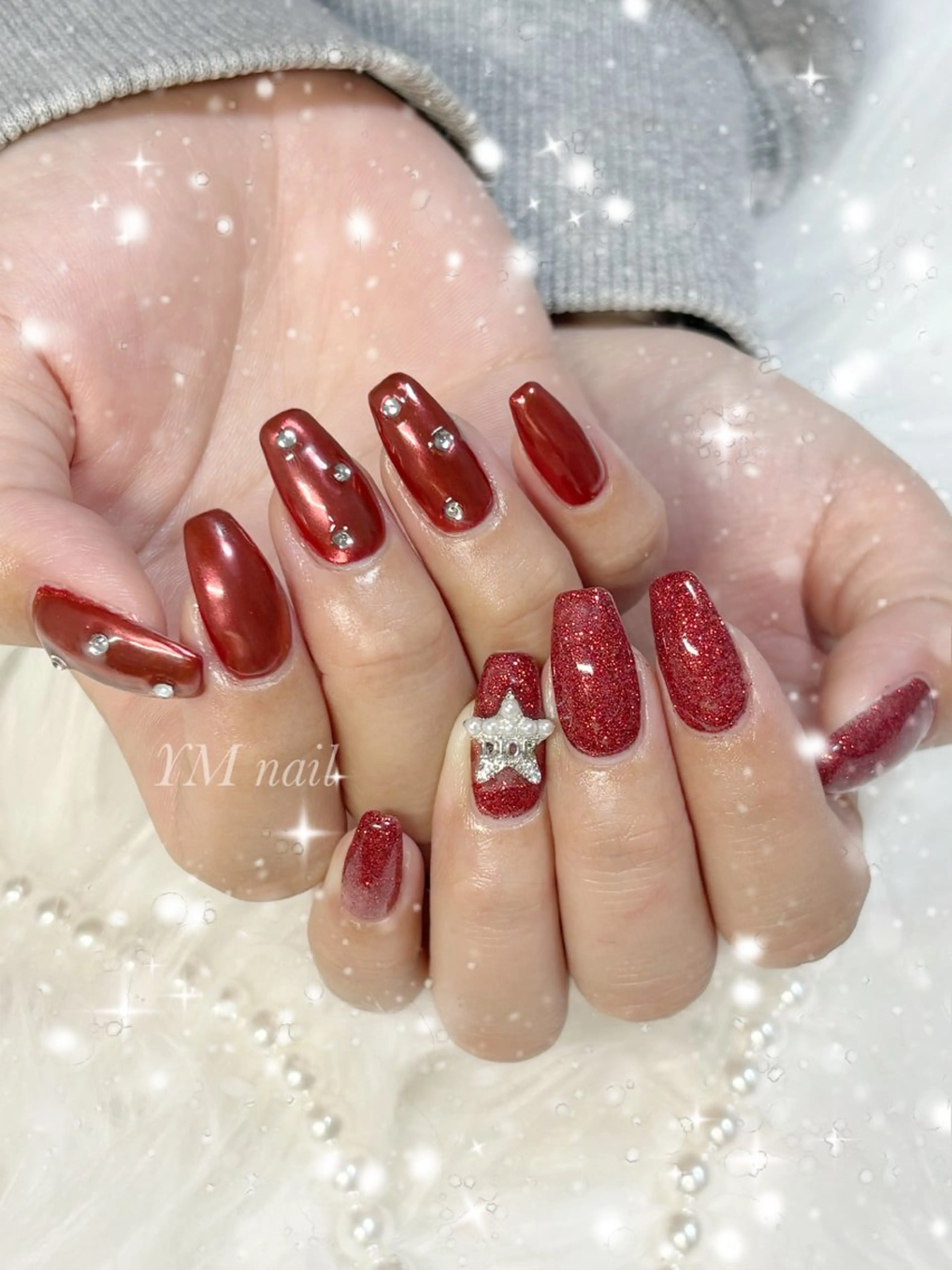 ネイル ジェルネイル キラキラネイル 韓国ネイル ミラーネイル 赤色 ハンドネイル YM nailのネイルデザイン