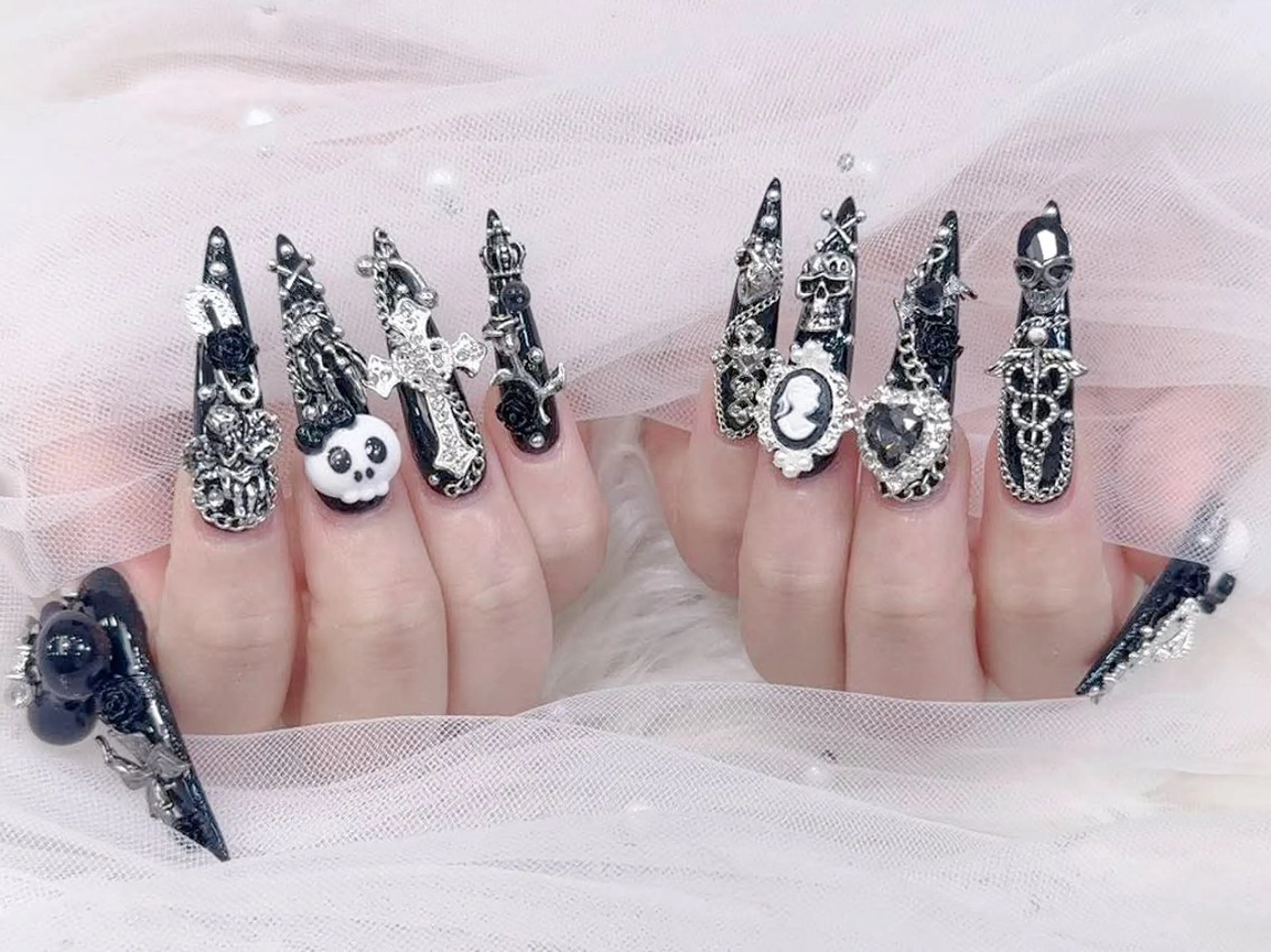 ネイル 成人式 大理石ネイル(マーブル) リボン 夏ネイル ネイルチップ ハンドネイル MoMoA Nail ネイル長さ出し専門店のネイルデザイン