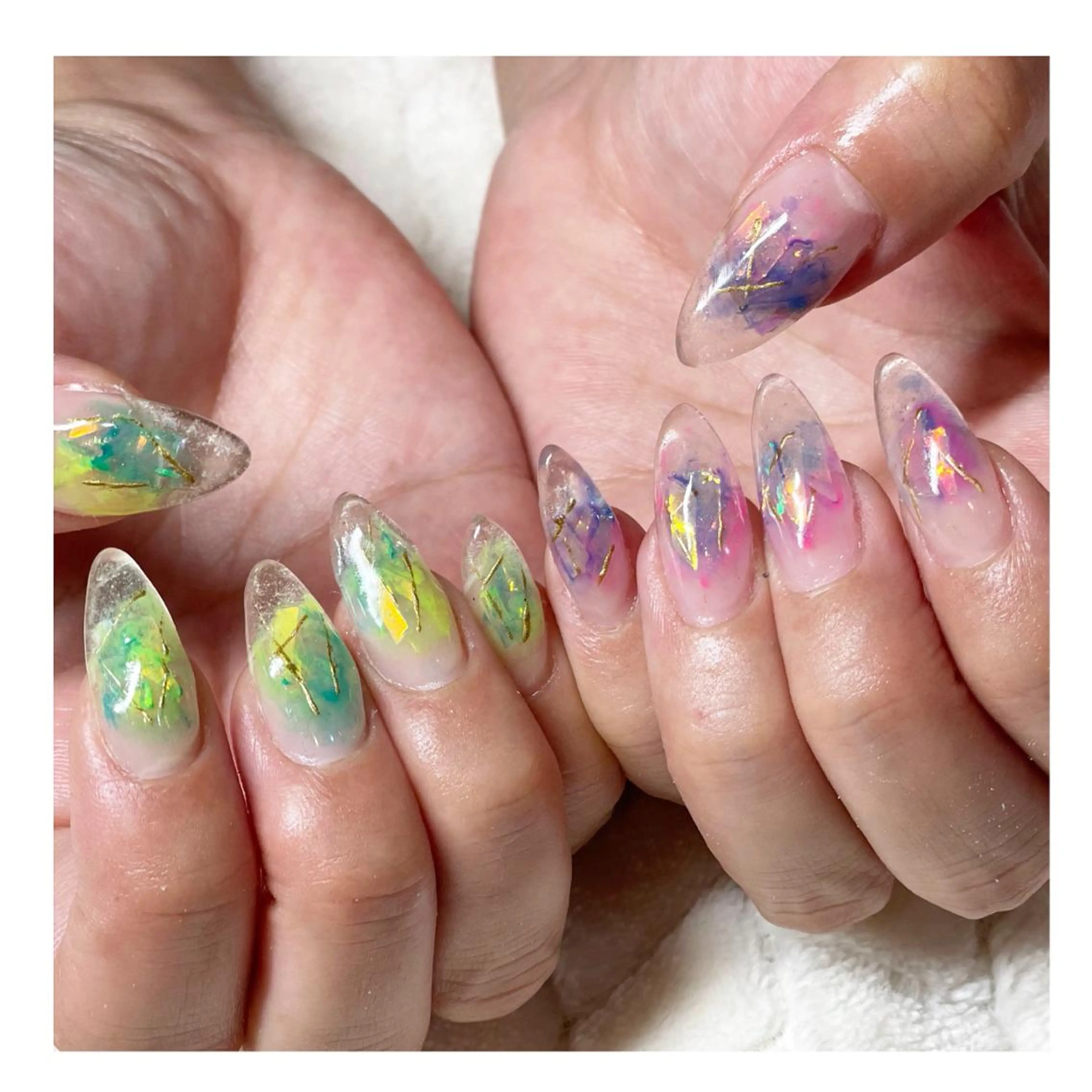 ネイル クリアネイル 長さ出し ジェルネイル グリーン パープル ハンドネイル LaLa Peach 福岡のマツエク・マツパデザイン