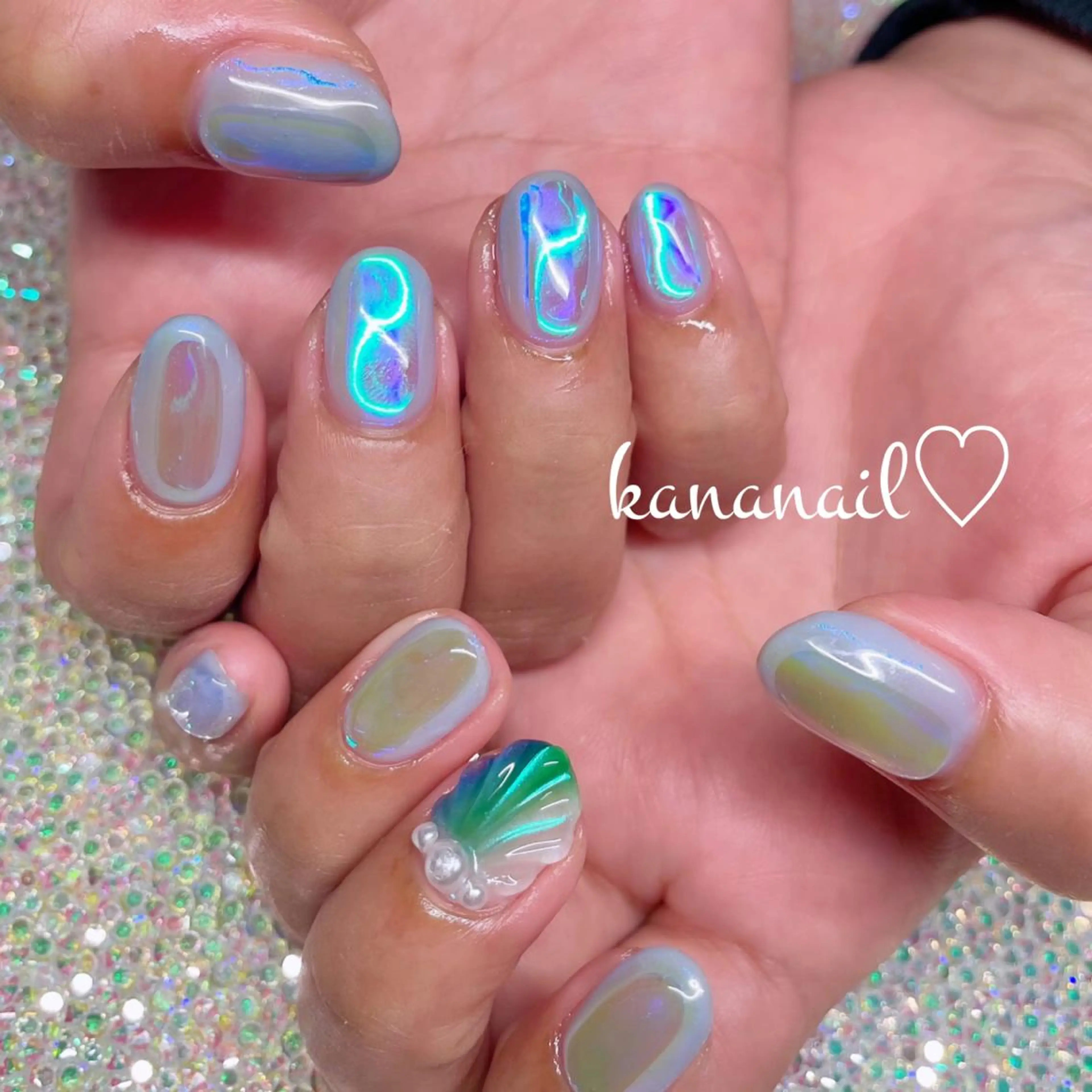 ネイル ブルー クリアネイル フレンチネイル ジェルネイル ガラスフレンチ kananail ♡のネイルデザイン
