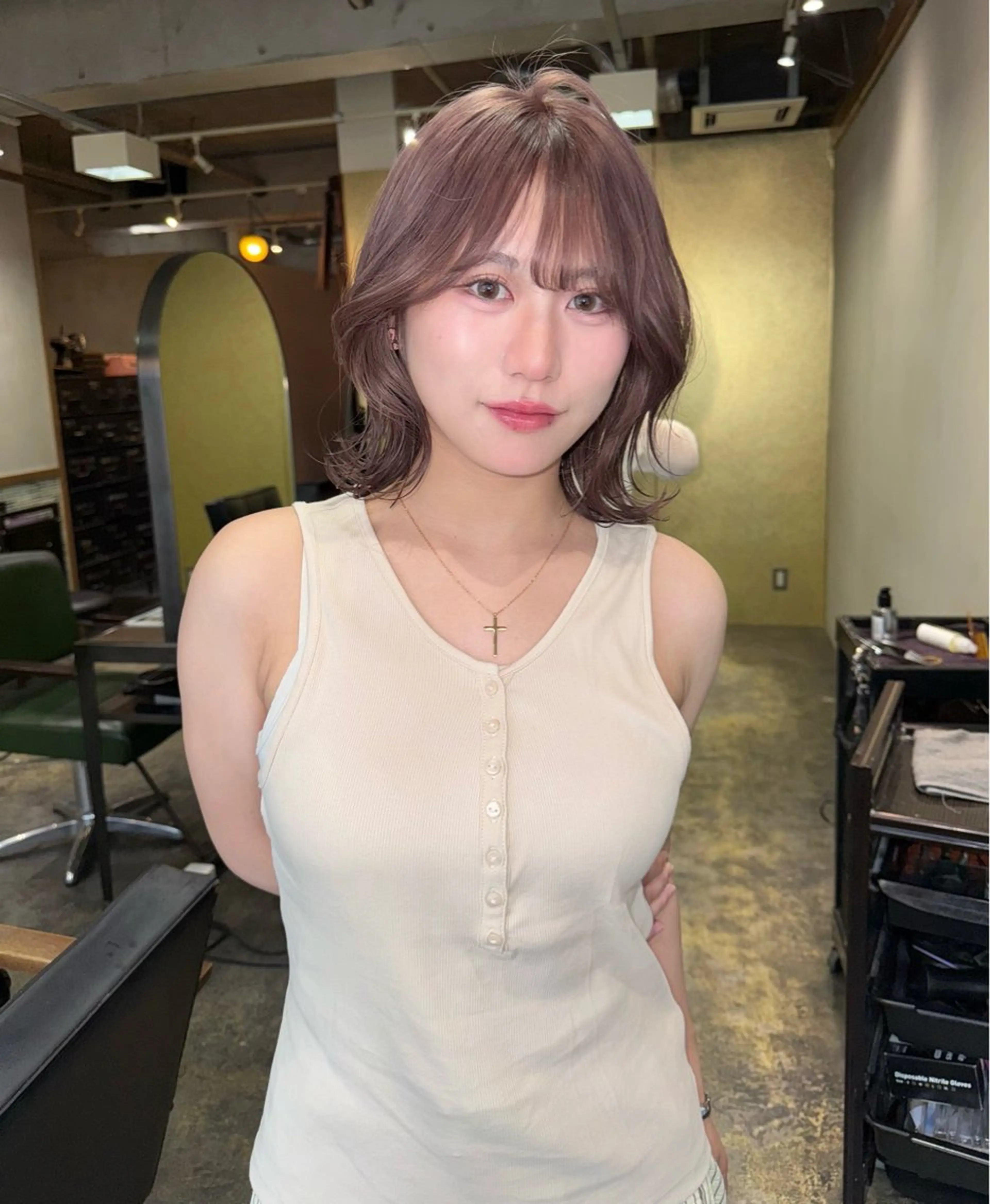 ミディアム ラベンダーベージュ ピンクラベンダー ブリーチ/ハイトーン 心斎橋/honokaのヘアスタイル