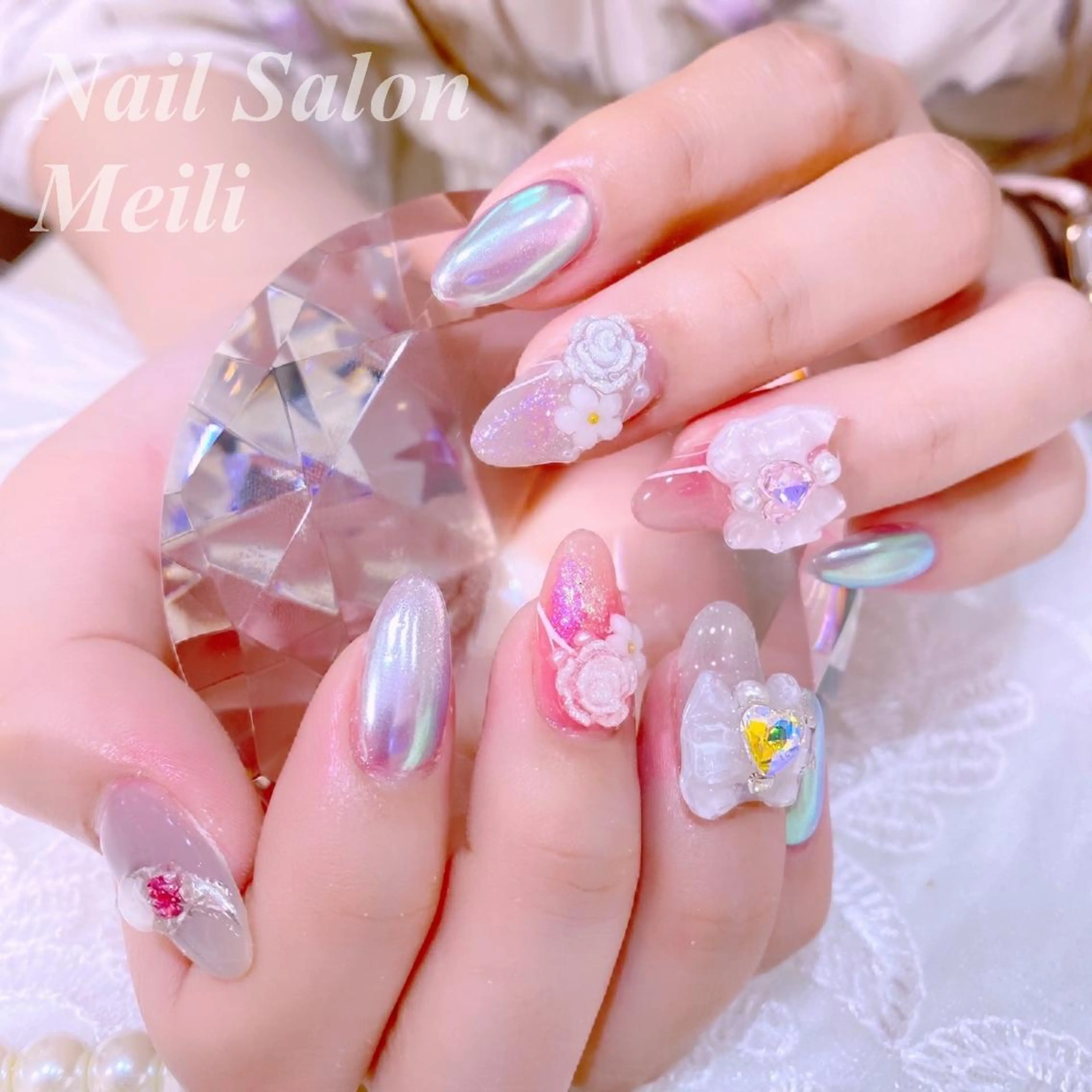 ネイル フラワーネイル ミラーネイル リボン ワンホンネイル ハンドネイル NAILSALON MEILIのネイルデザイン