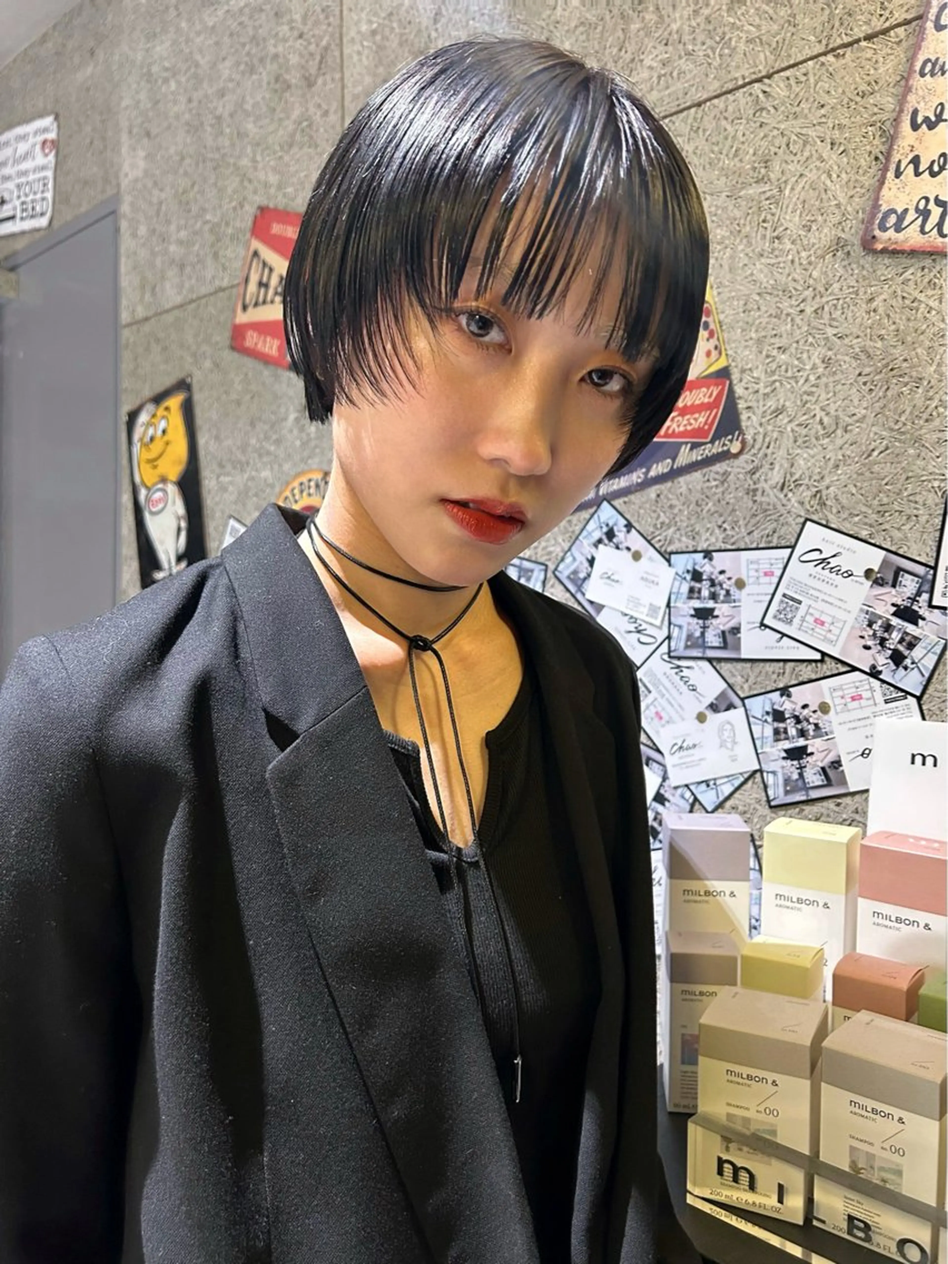 ショート お団子ヘア ミストバング ボブ ハイライト 姫カット ボブ/ハイトーン/ 岡山駅/別曽遥也のヘアスタイル