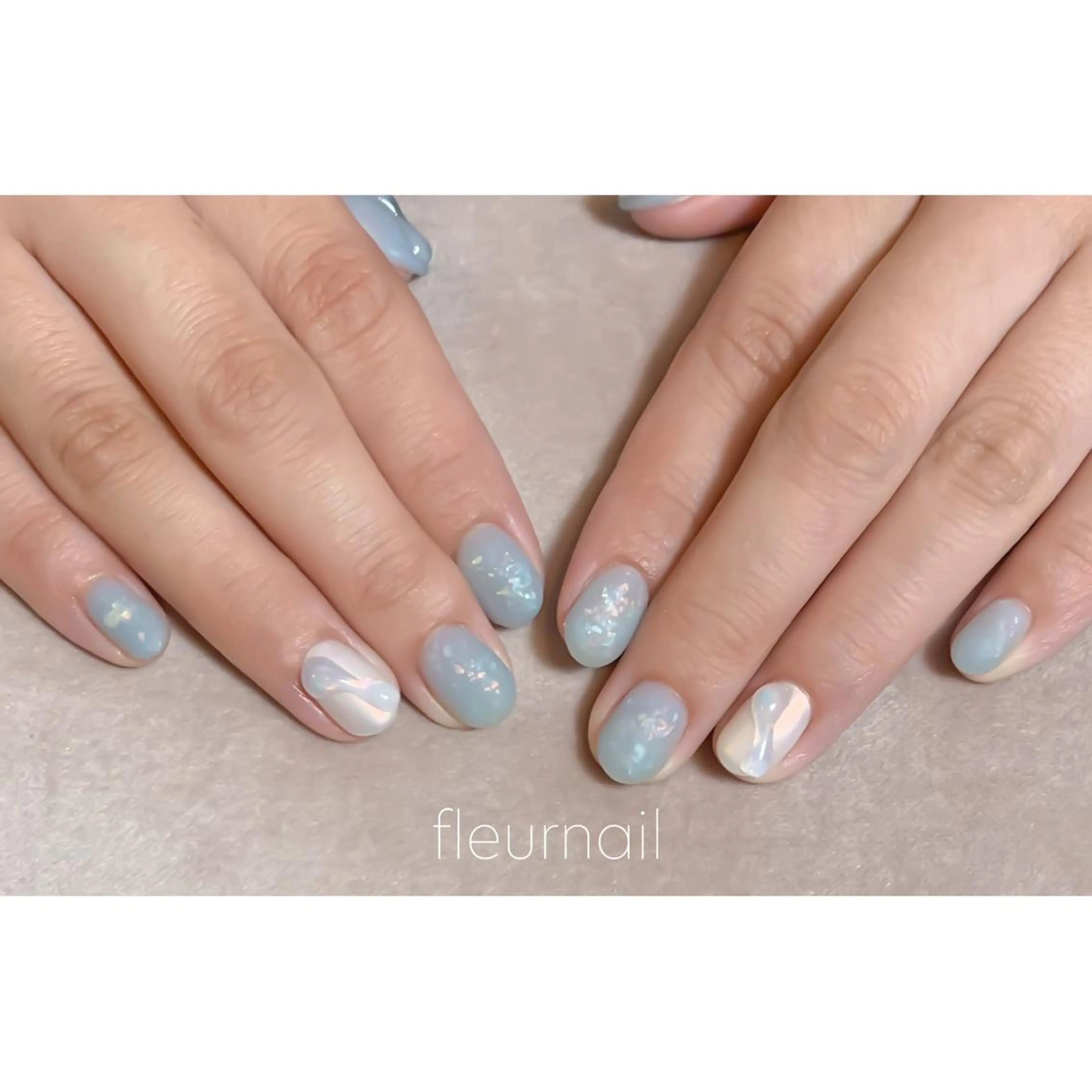 ネイル オーロラネイル ブルー クリアネイル 長さ出し ジェルネイル ハンドネイル fleurnail miuraのネイルデザイン