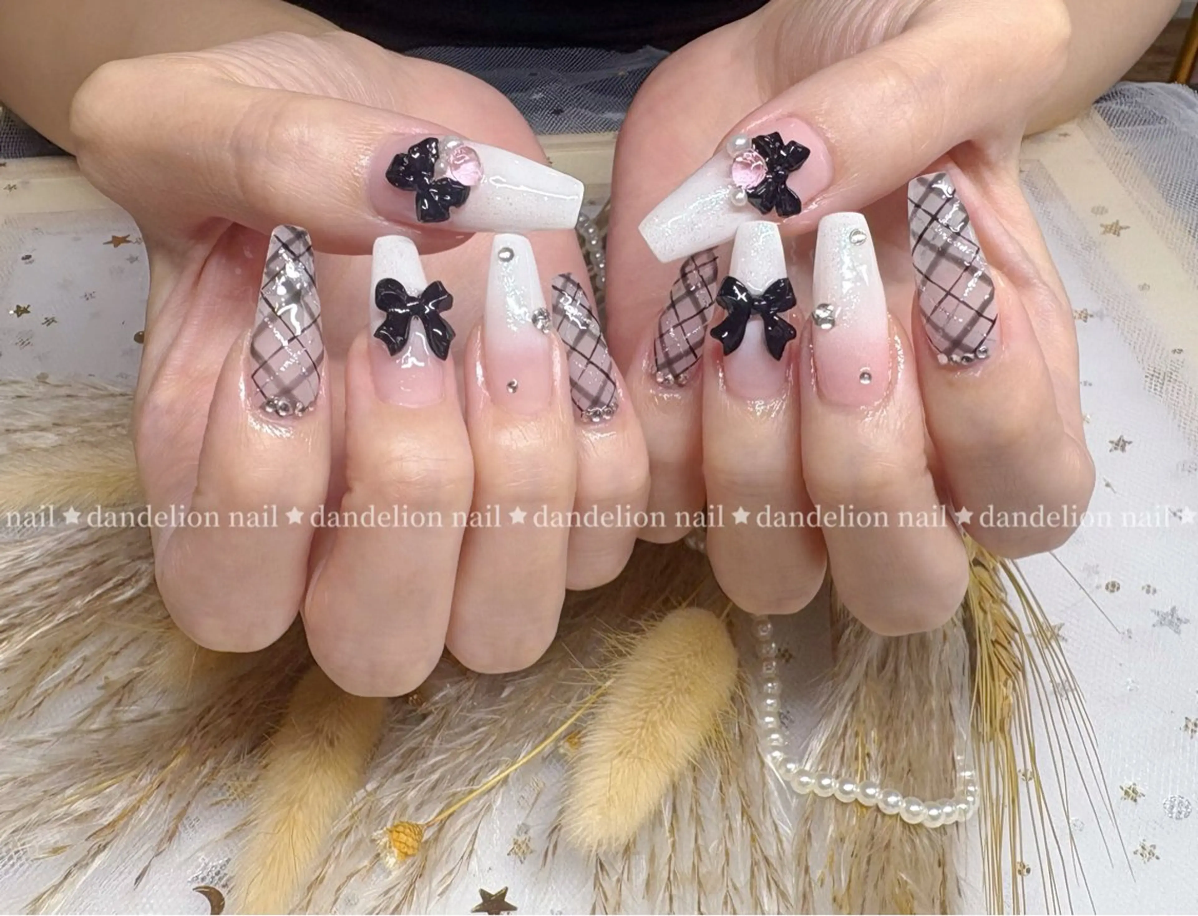 ネイル 持ち込み リボン スカルプネイル ハンドネイル dandelion nail北千住のネイルデザイン