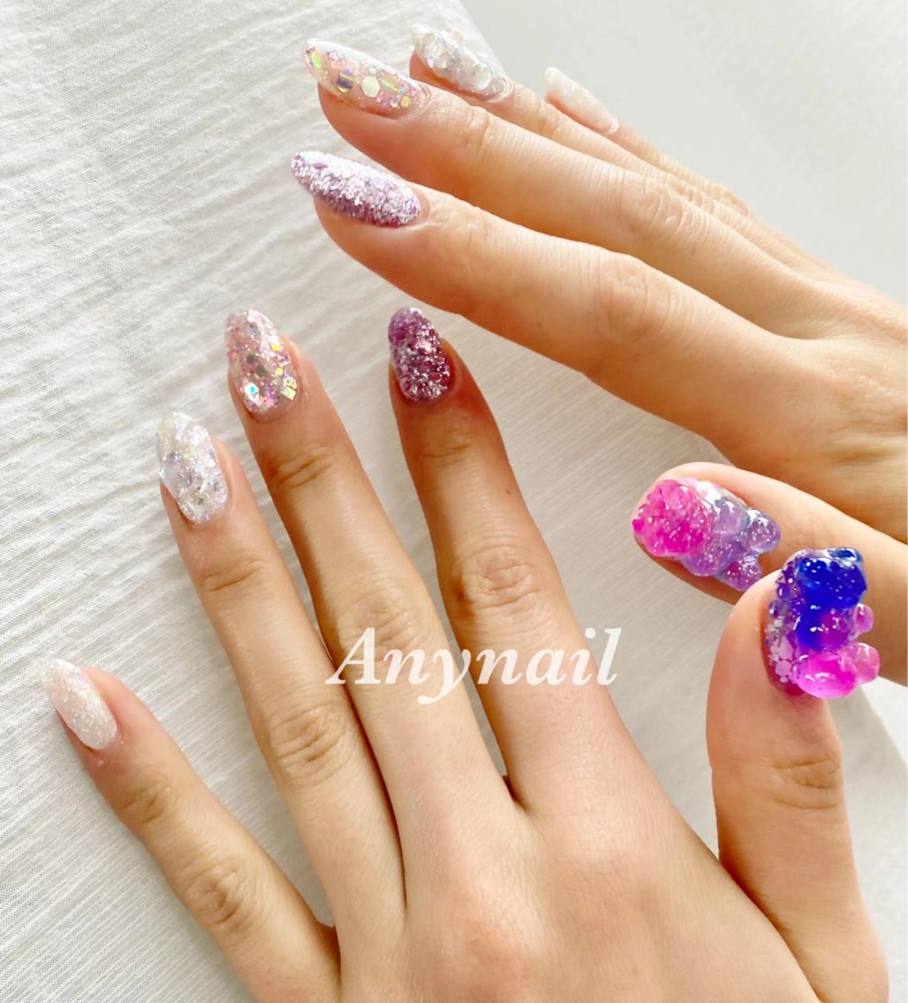 ネイル ブルー ホログラムネイル ラメ(グリッター) ピンク ハンドネイル 岩澤 恵子のネイルデザイン