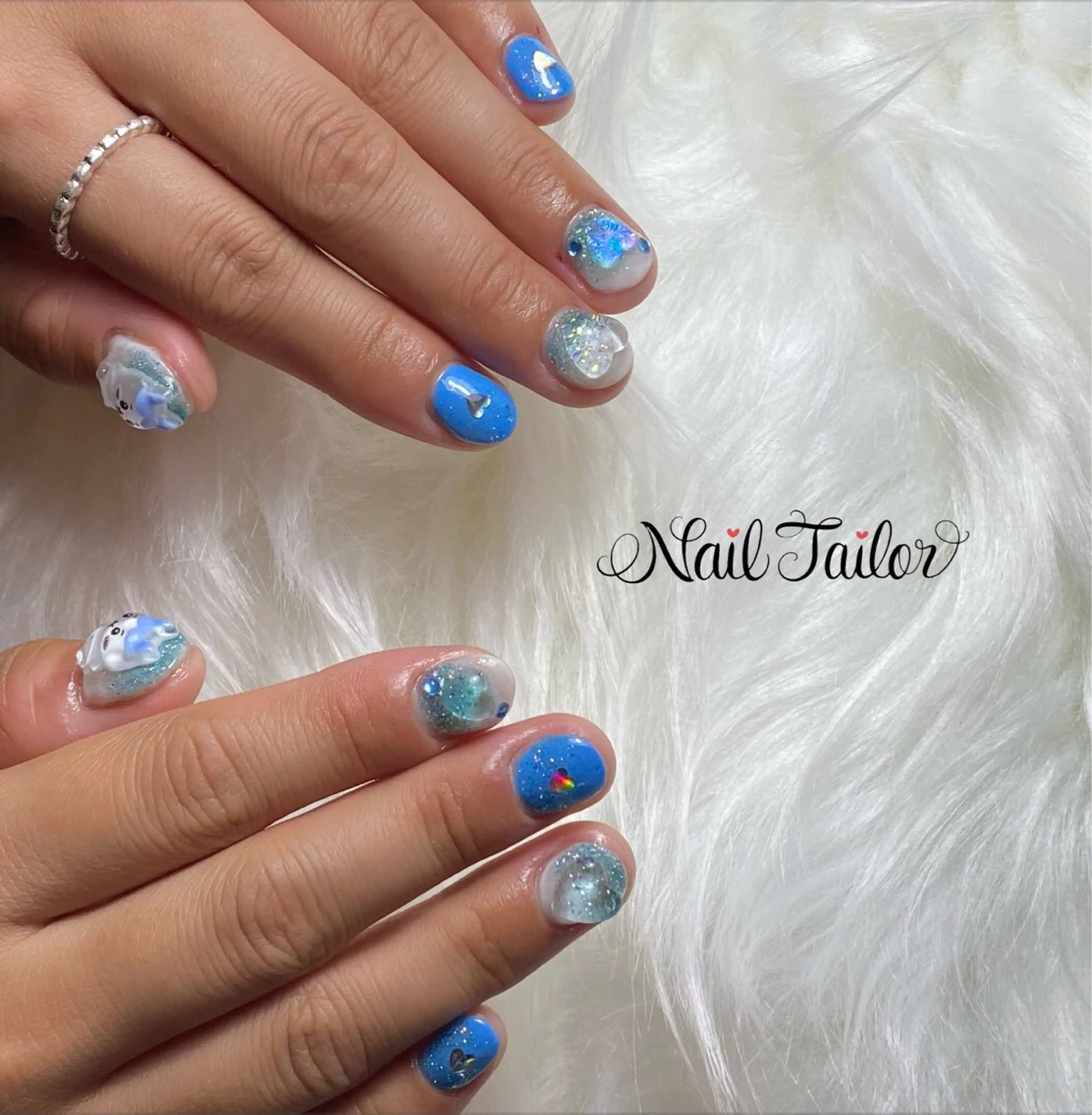 ネイル ジェルネイル ハート ラメ(グリッター) 水色 ロングネイル ハンドネイル NailTailor ネイルテイラーのネイルデザイン