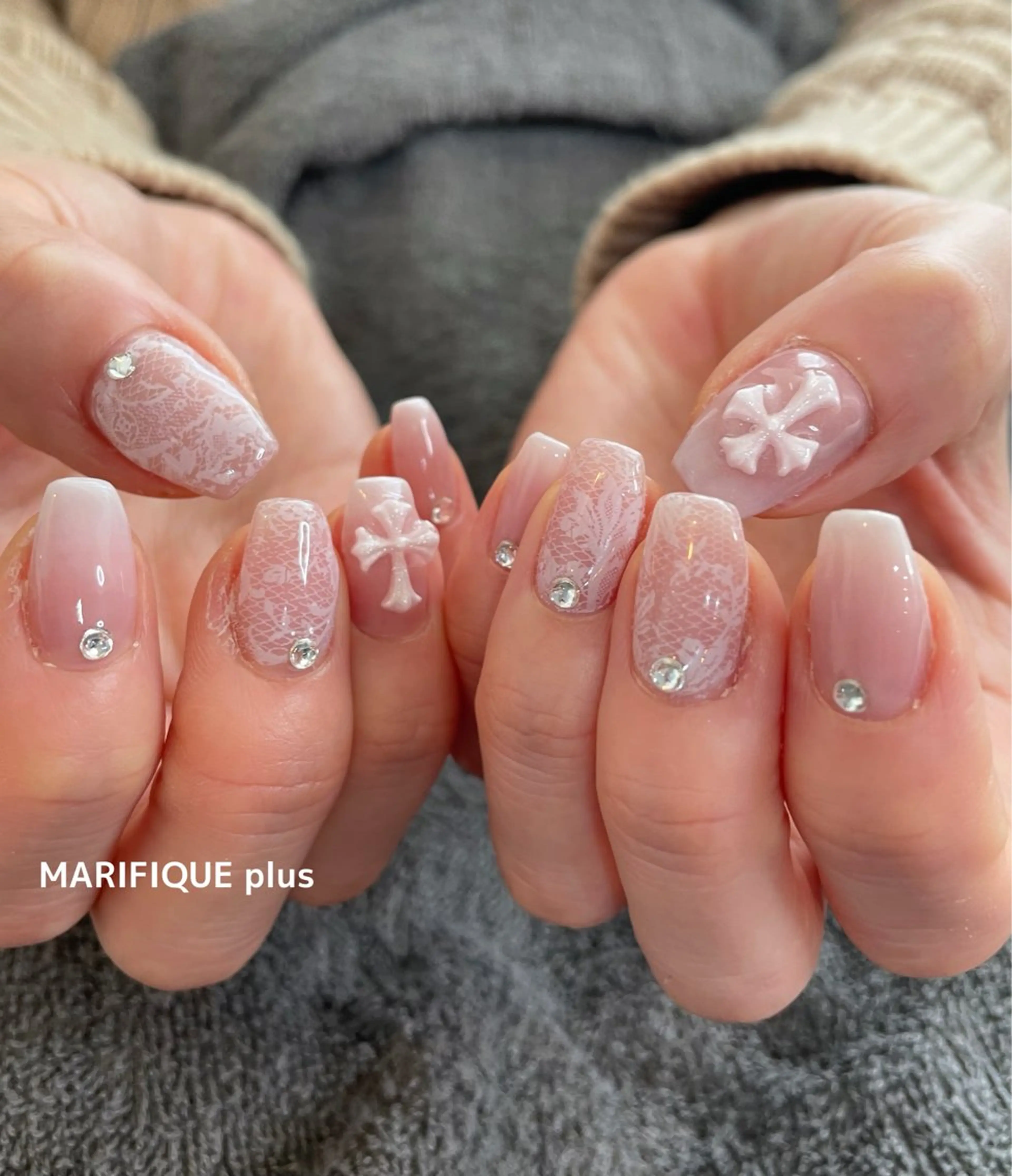 ネイル グラデーション 韓国ネイル レース ピンク 春ネイル ハンドネイル ma riのネイルデザイン