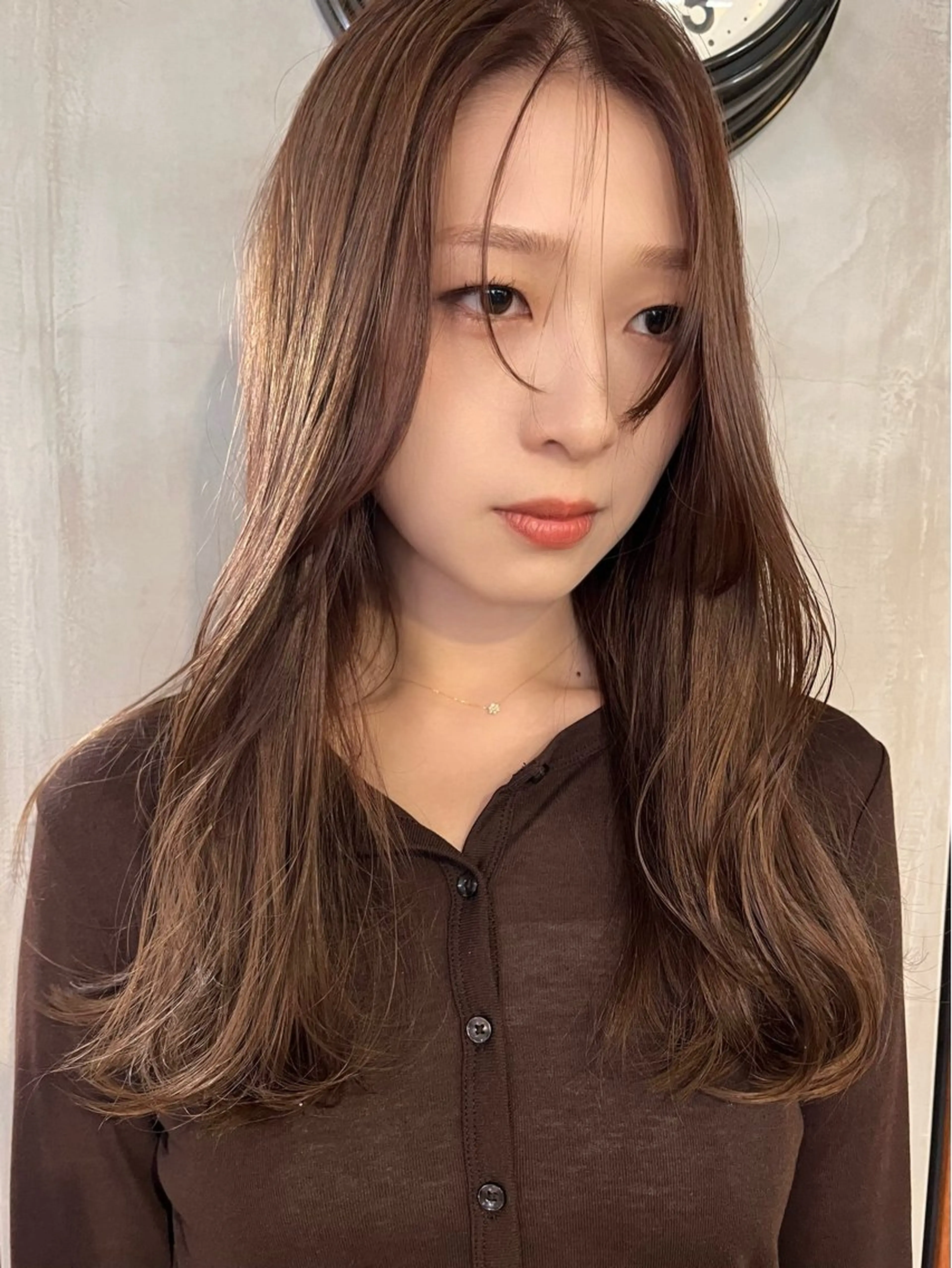ロング カラー ブラウンカラー オレンジ オレンジブラウン 顔まわりレイヤー 韓国風ヘア カット ヘアカラー ヘッドスパ 薬院:今泉/上川美幸 ボブ/顔周りレイヤーのヘアスタイル