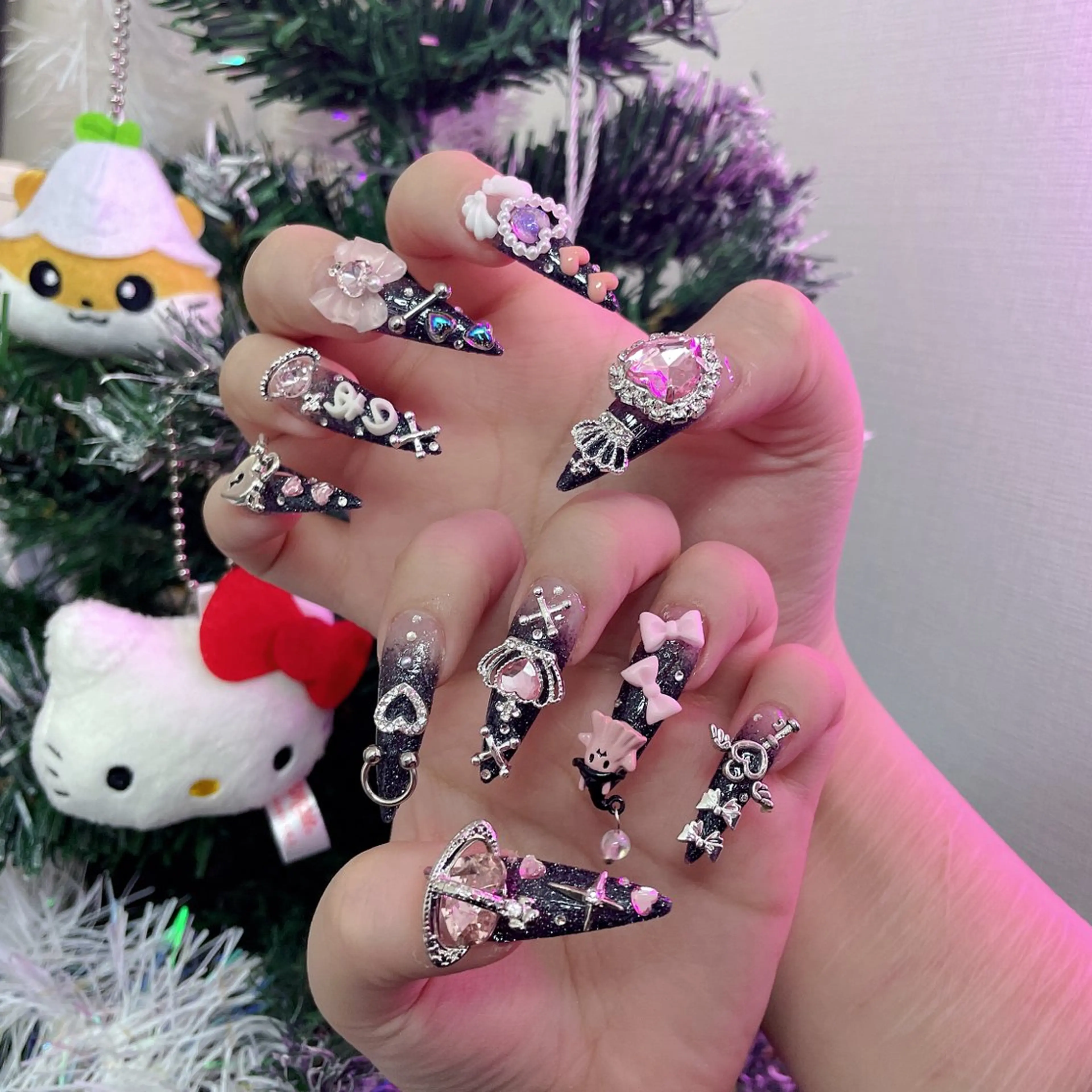 ネイル 成人式 ロングネイル マグネットネイル 大理石ネイル(マーブル) リボン ハンドネイル MoMoA Nail ネイル長さ出し専門店のネイルデザイン