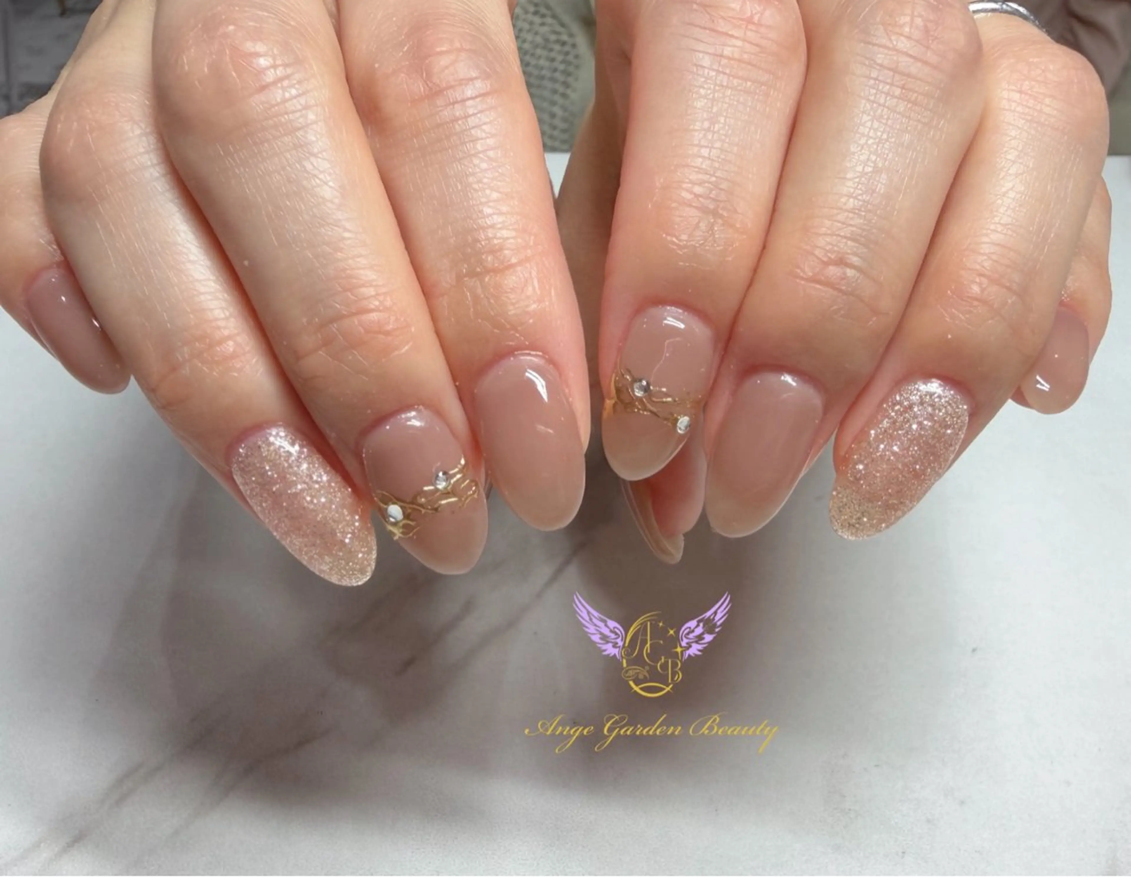 ネイル クリアネイル フラッシュネイル ゴールド ミラーネイル 持ち込み ハンドネイル AngeGarden Beautymihoのネイルデザイン