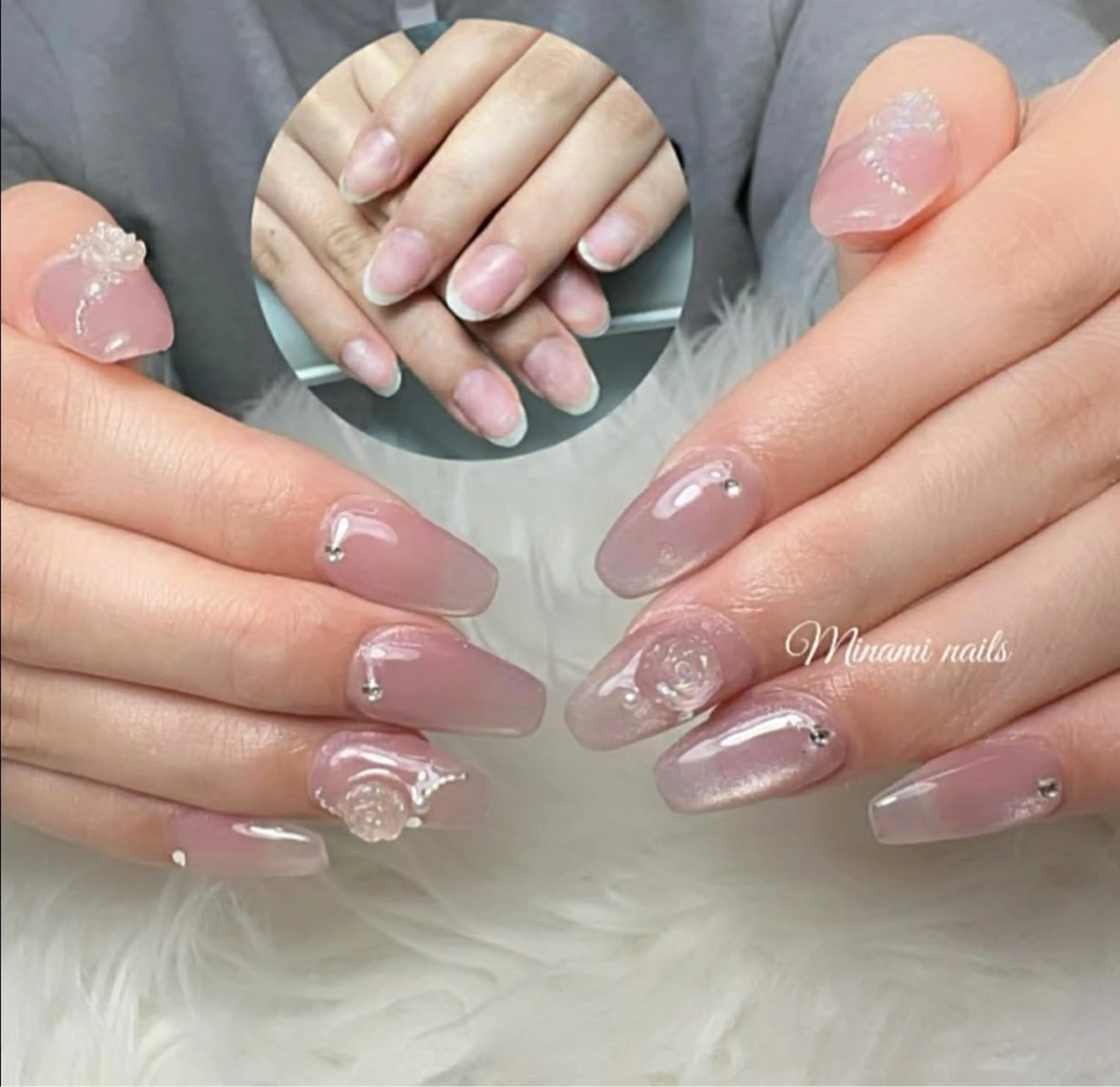 ネイル フラワーネイル オフィスネイル ピンク ストーンネイル ハンドネイル Minami Nailsのネイルデザイン