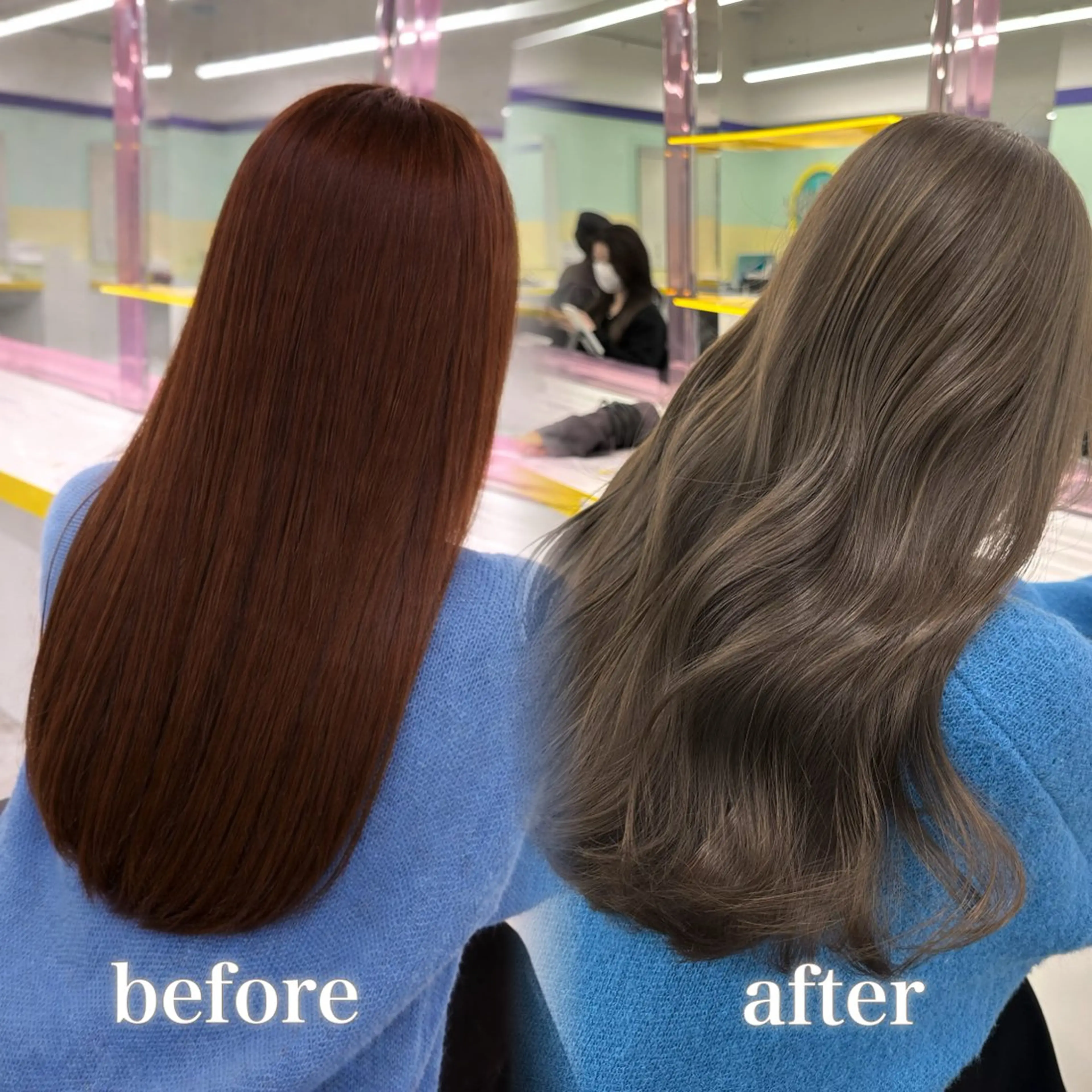 ロング カラー ヘアカラー トリートメント ブリーチ縮毛矯正加藤 赤み無し透明感ヘアのヘアスタイル