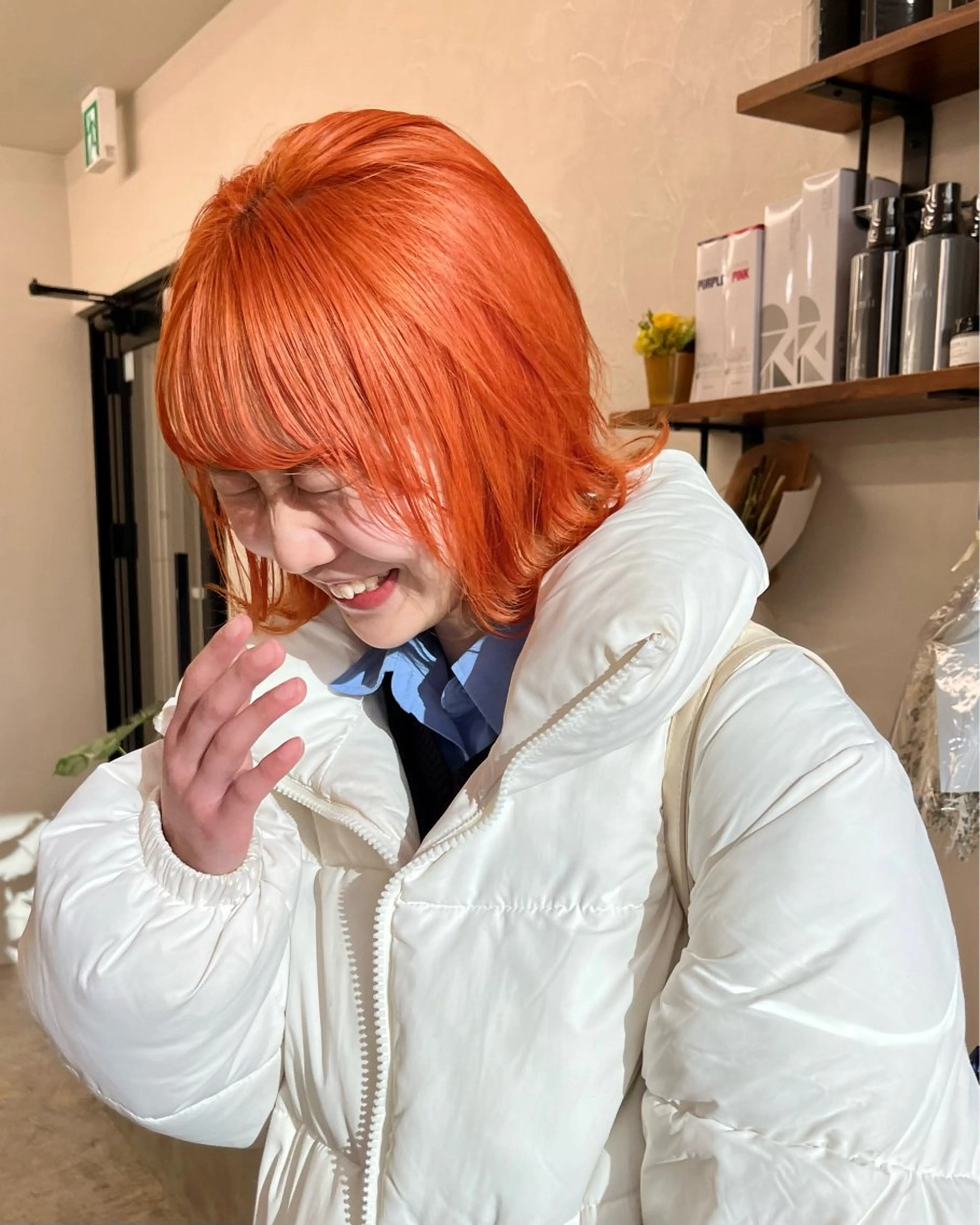 ミディアム カラー ブリーチ オレンジ 学生 似合わせ/美髪カラー /カンナのヘアスタイル