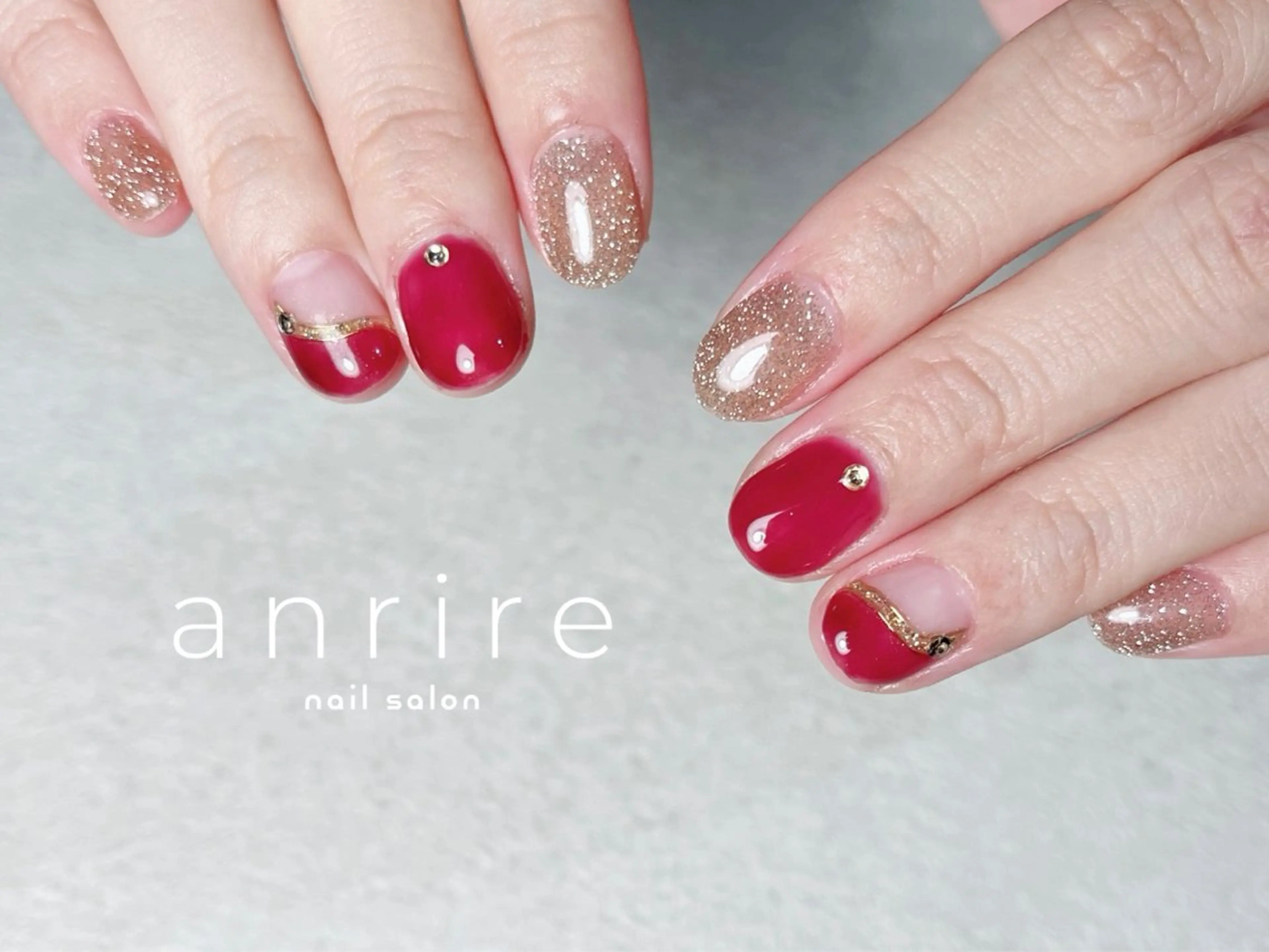 ネイル ボルドー フラッシュネイル フレンチネイル ジェルネイル キラキラネイル ハンドネイル nailsalon anrireのネイルデザイン