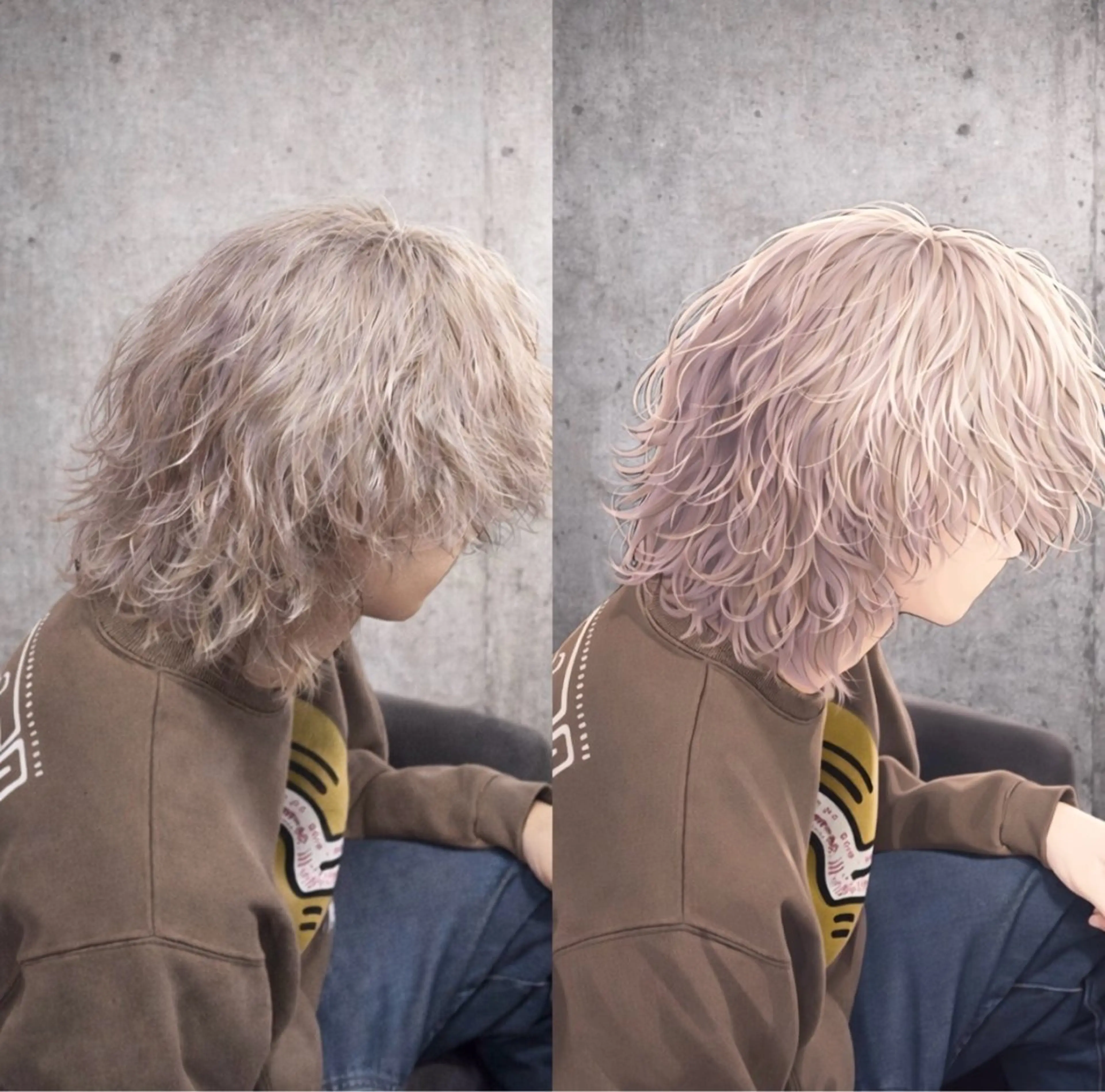 カラー メンズ メンズパーマ メンズウルフカット ベージュカラー シルバー シルバーベージュ ヘアカラー RYU/メンズ /センターパートのヘアスタイル