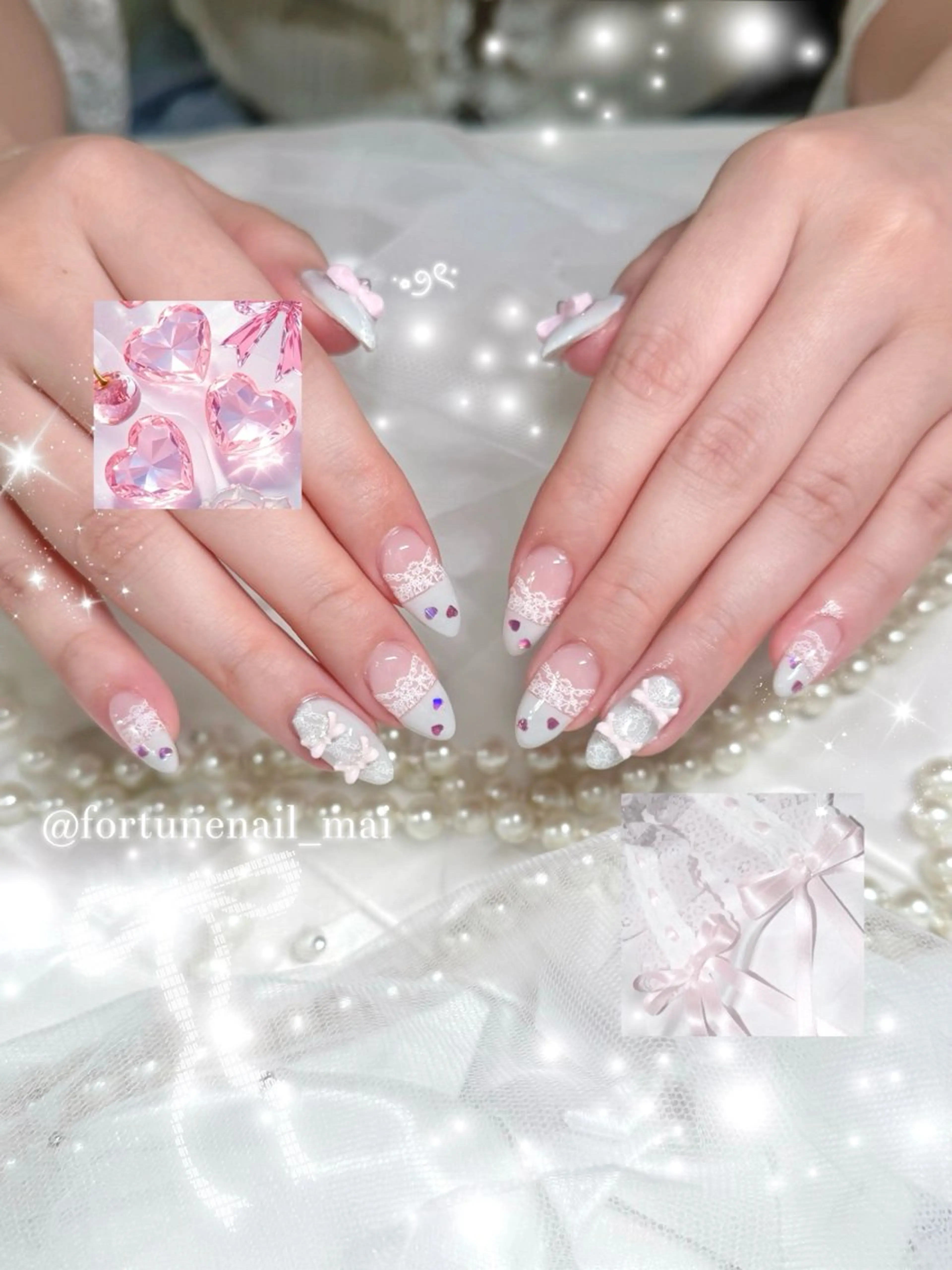 ネイル ガーリー レース ハンドネイル 🎀Mai 🎀✩.*のネイルデザイン