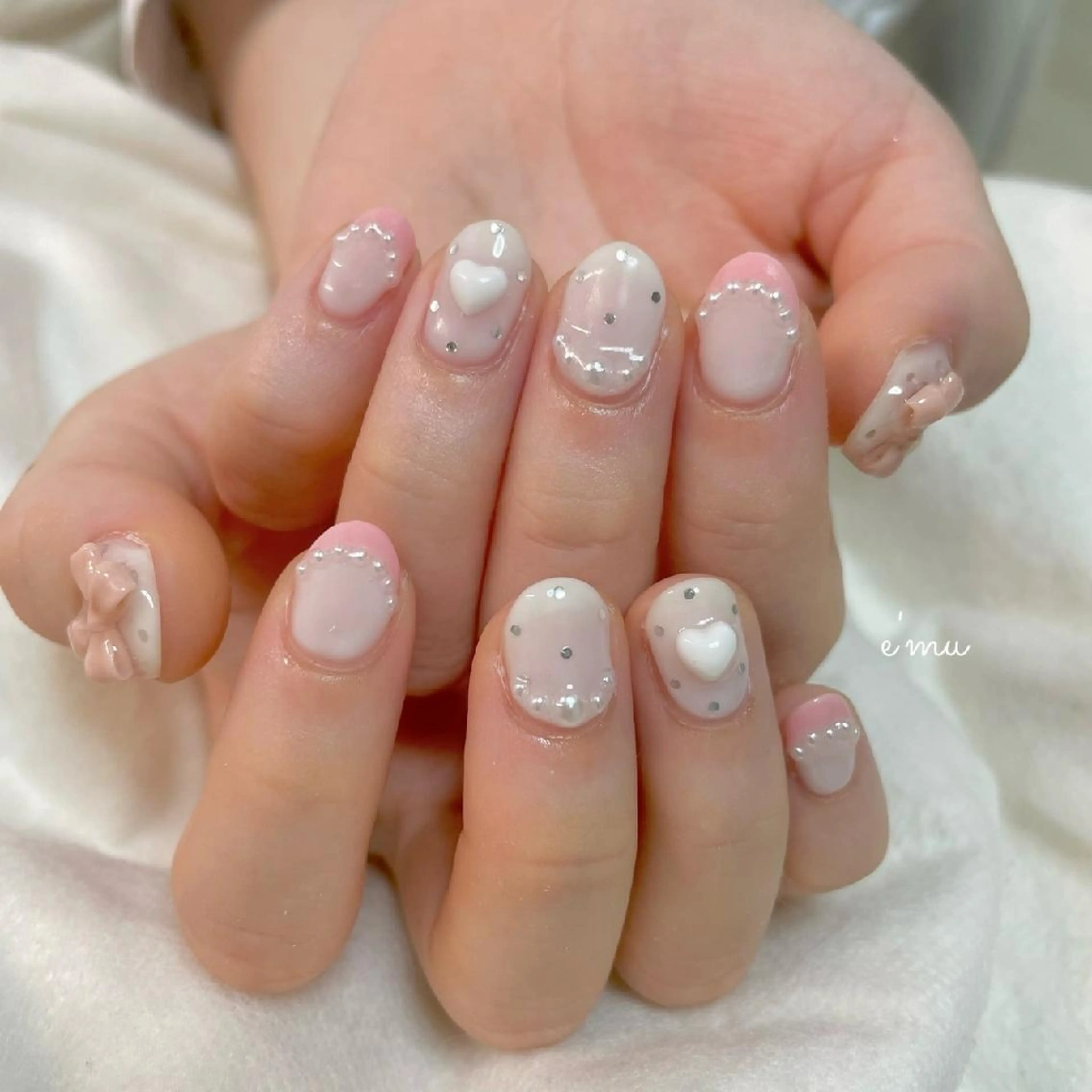 ネイル フレンチネイル ガーリー ピンク リボン nail salon e'mu💐のネイルデザイン