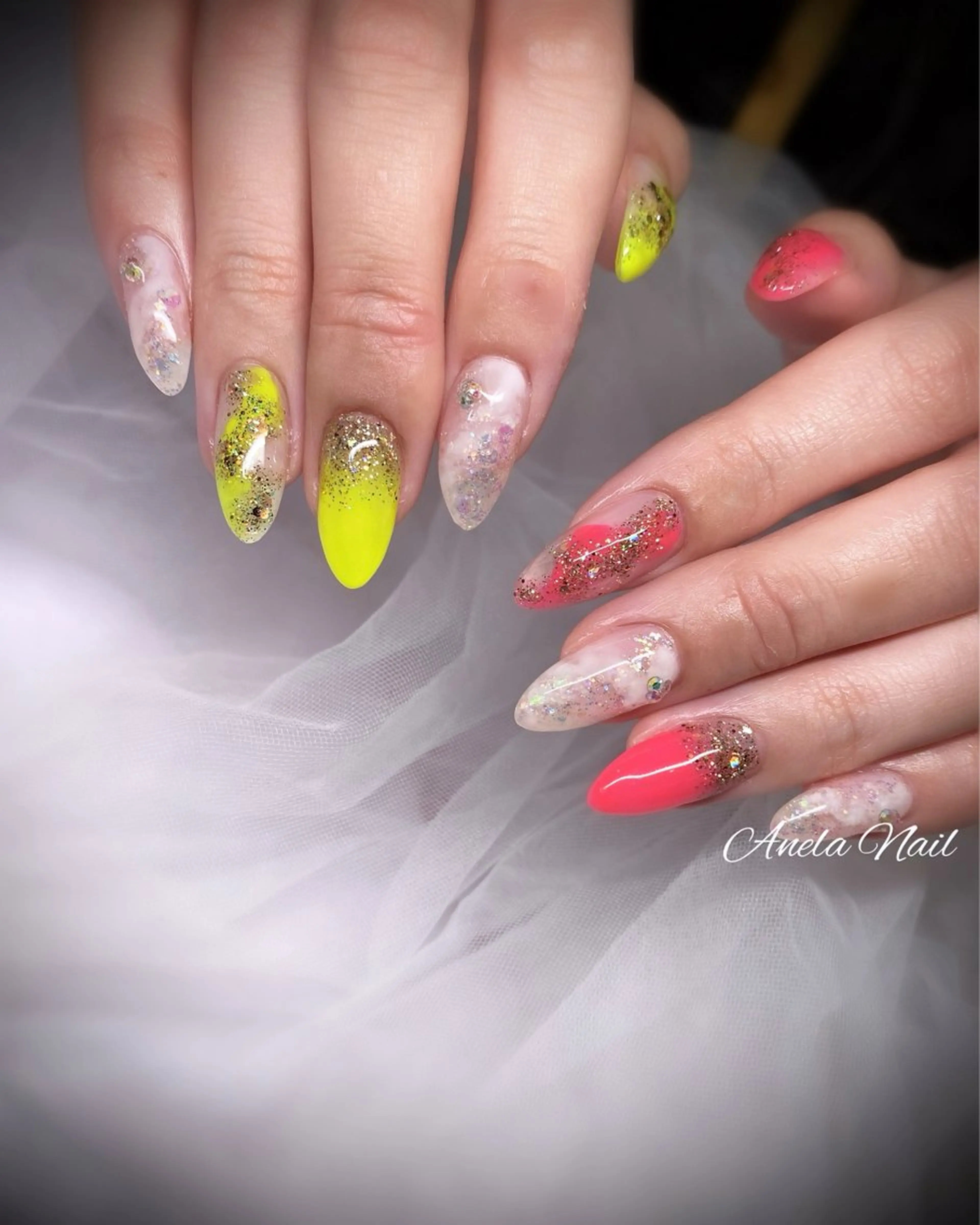 ネイル ピンク 黄色 Anela Nailのネイルデザイン