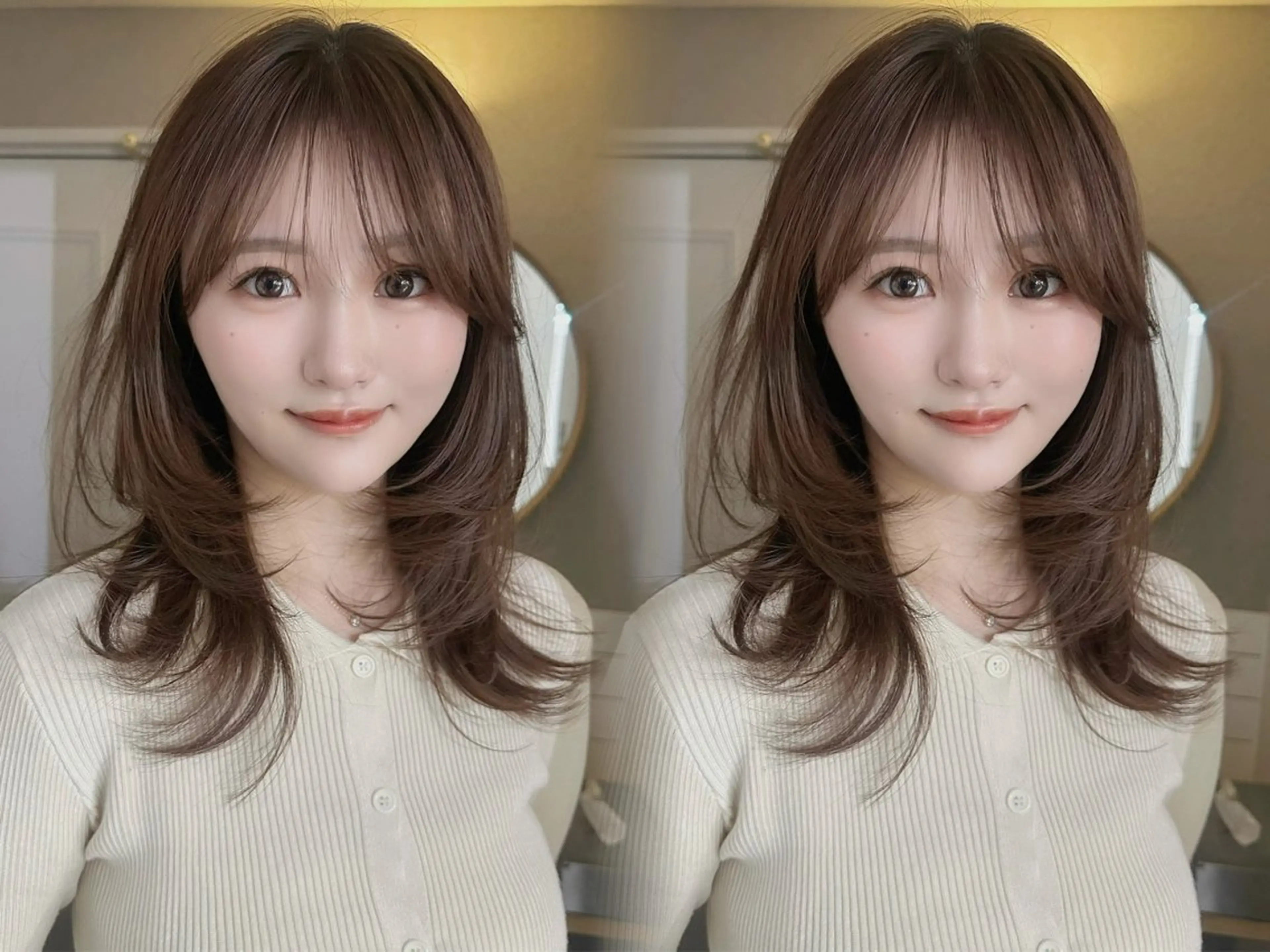 ミディアム くびれヘア 顔まわりレイヤー 韓国風ヘア レイヤーカット 小顔カット カット ヘアカラー MOE レイヤー/新宿三丁目のヘアスタイル