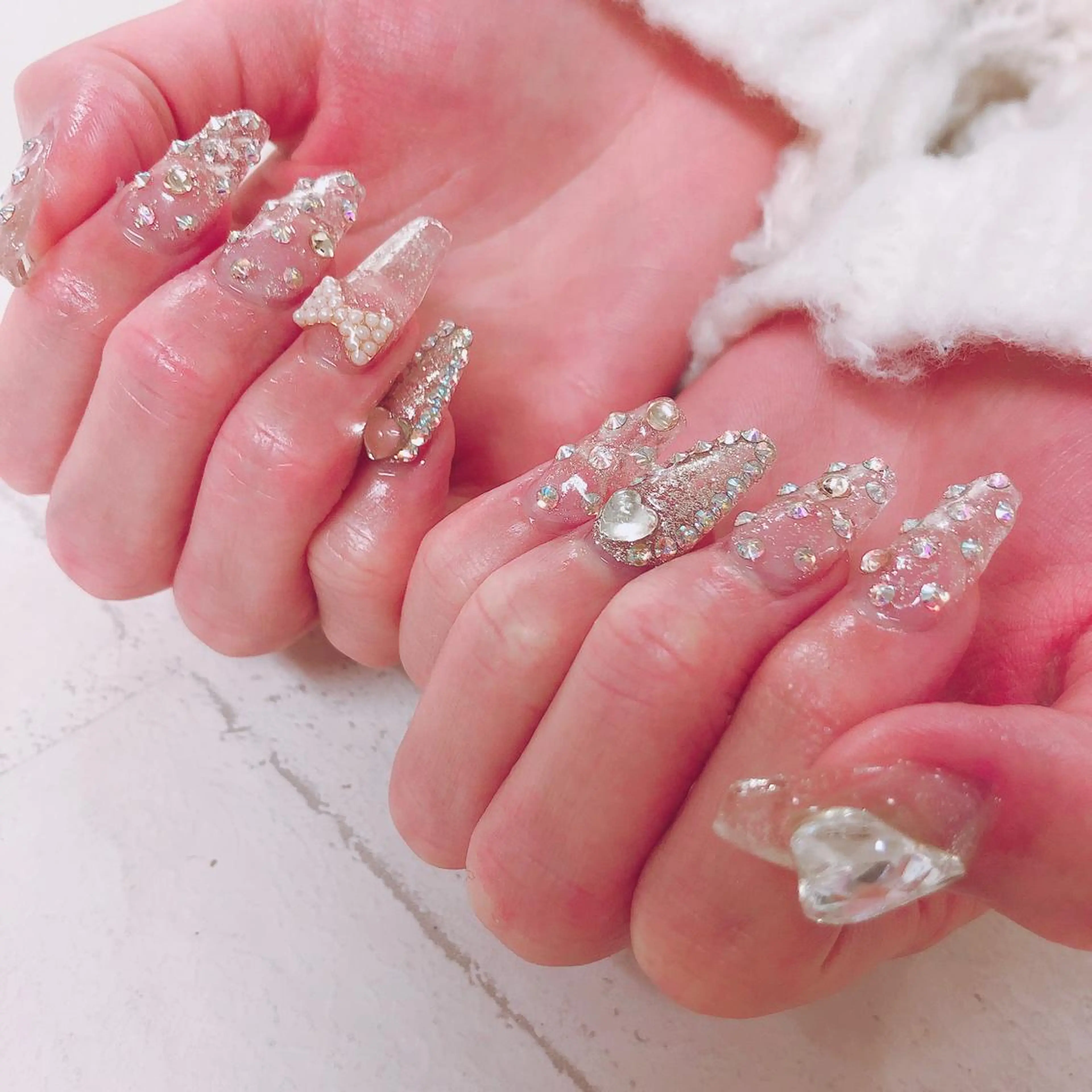 ネイル アートネイル クリアネイル ハート リボン スカルプネイル ono megumiのネイルデザイン