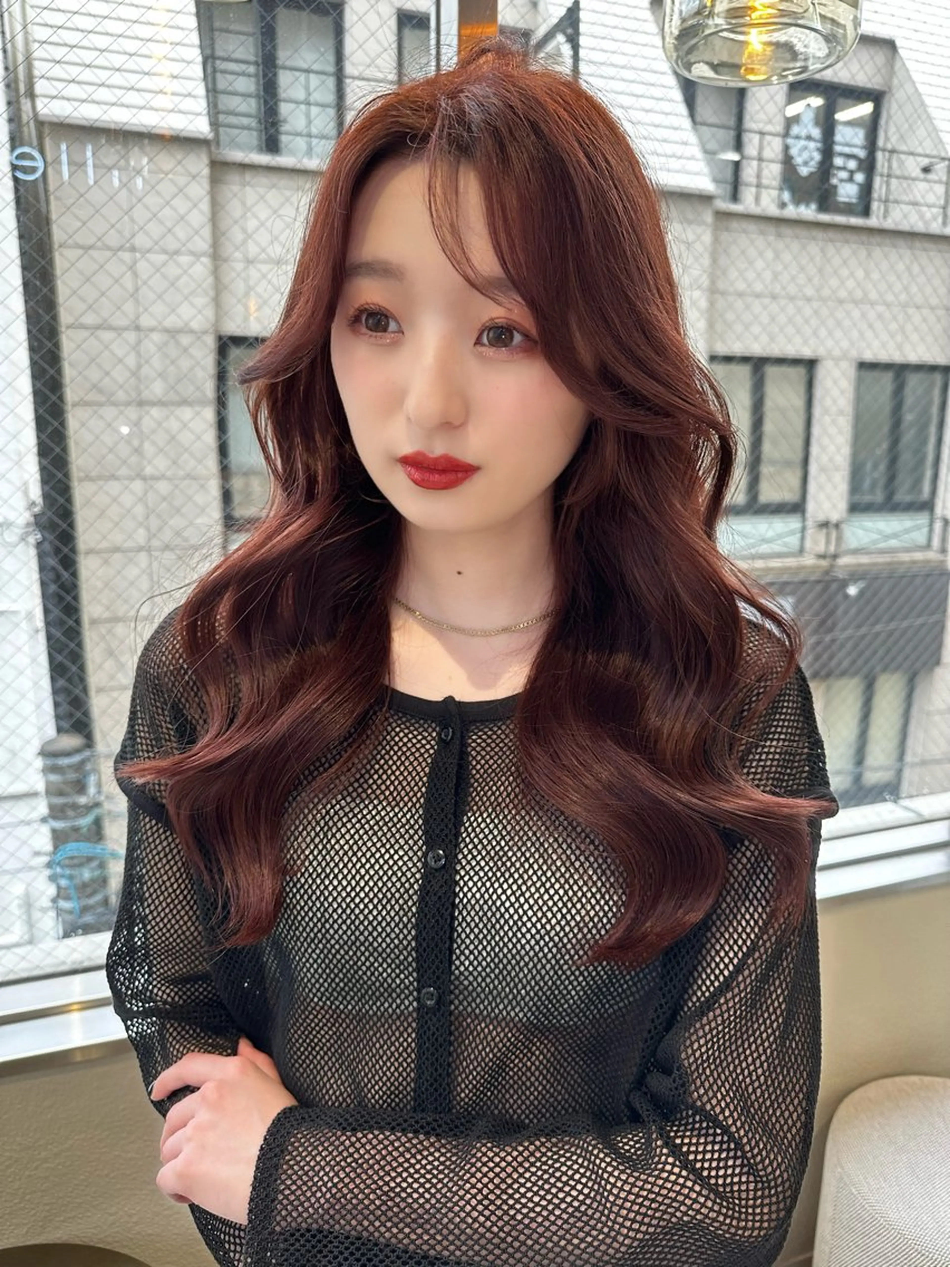 ロング カラー ブリーチ ブラウンカラー ブリーチなしカラー ピンクカラー ピンクブラウン 水岡 佳奈美のヘアスタイル