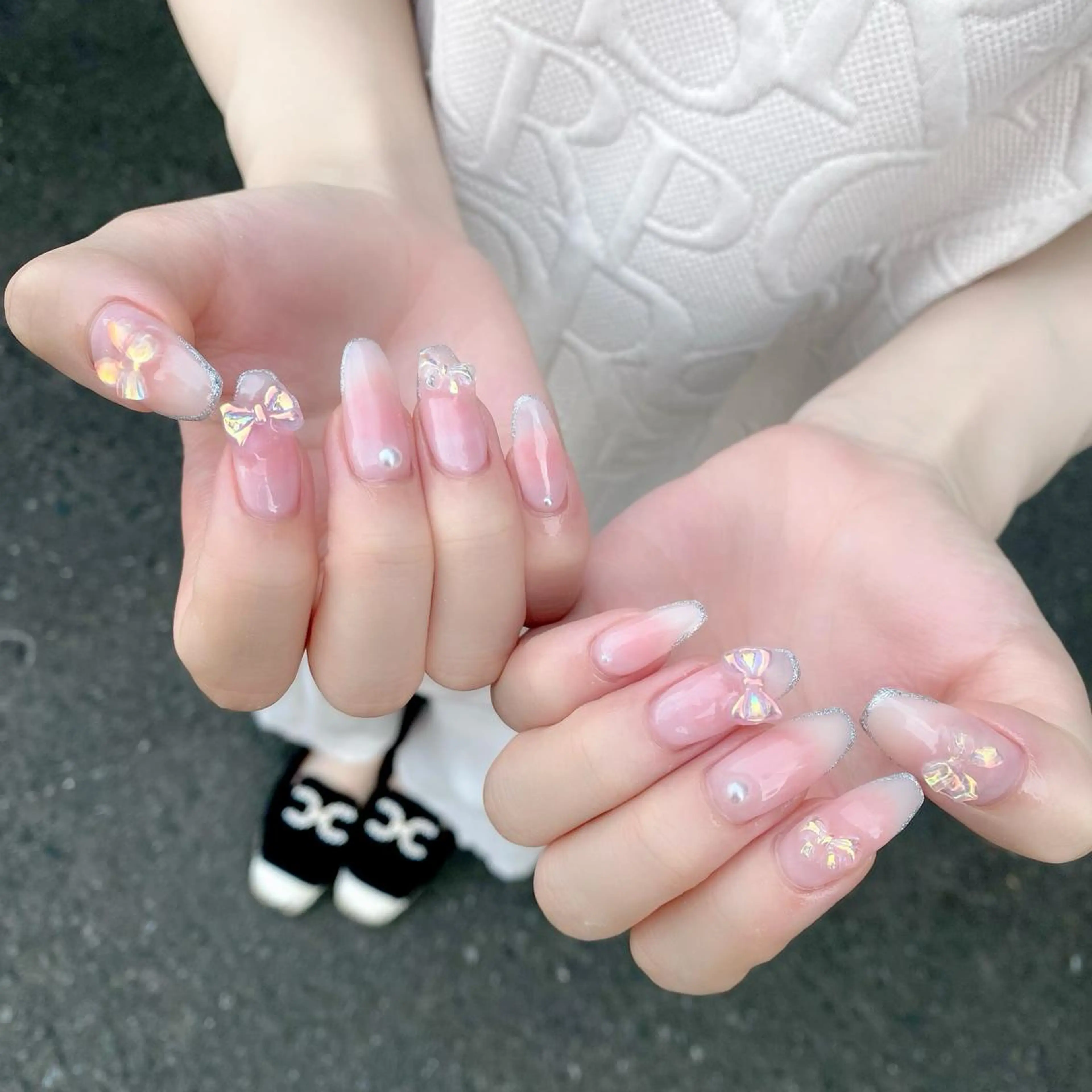 ネイル チークネイル 氷ネイル・うるうるネイル 韓国ネイル ロングネイル リボン ハンドネイル Salon Ｋのネイルデザイン