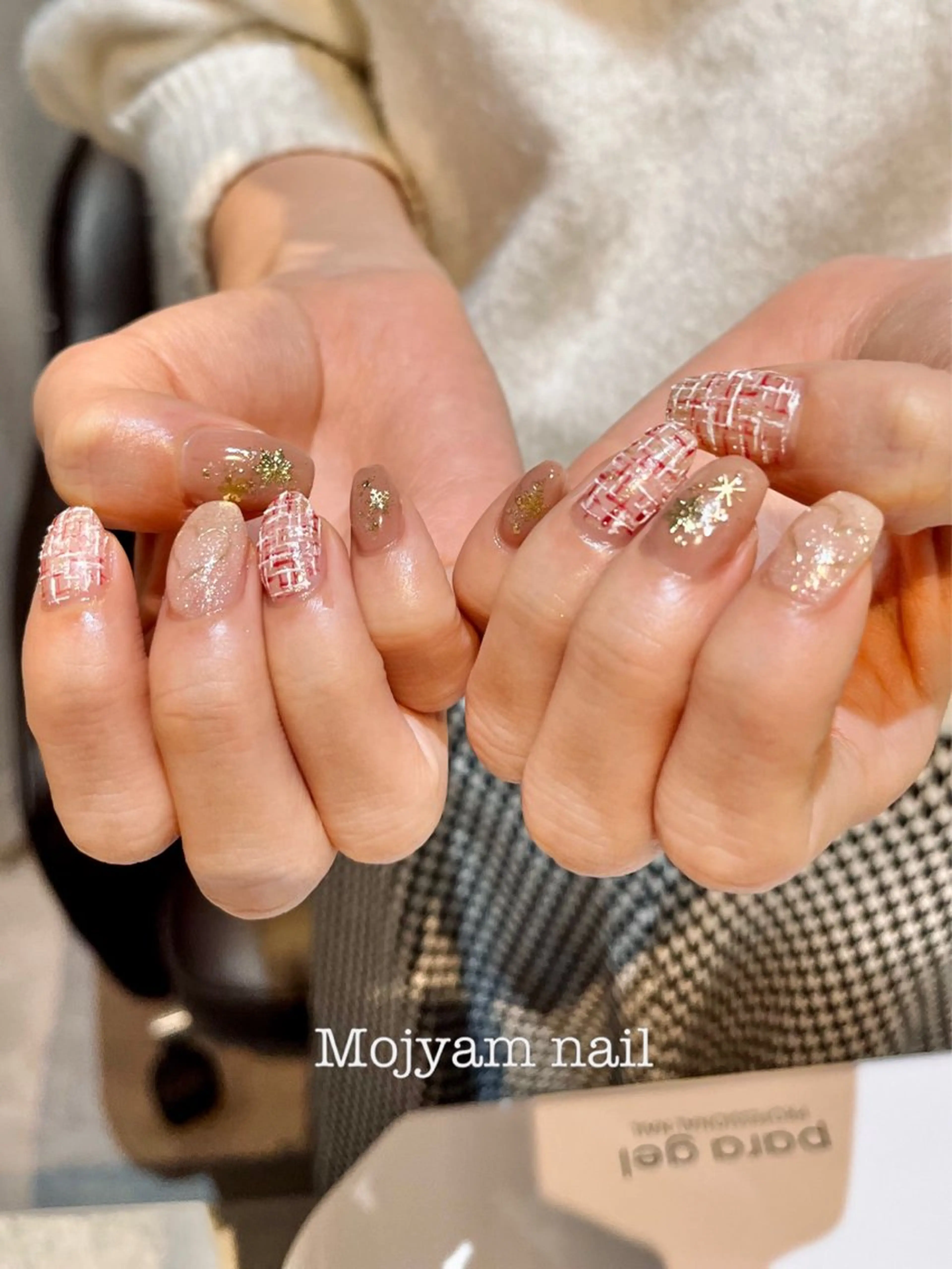ネイル スクエアネイル ツイードネイル 冬ネイル クリスマス ハンドネイル Mojyam nail所属・松本 実咲のネイルデザイン