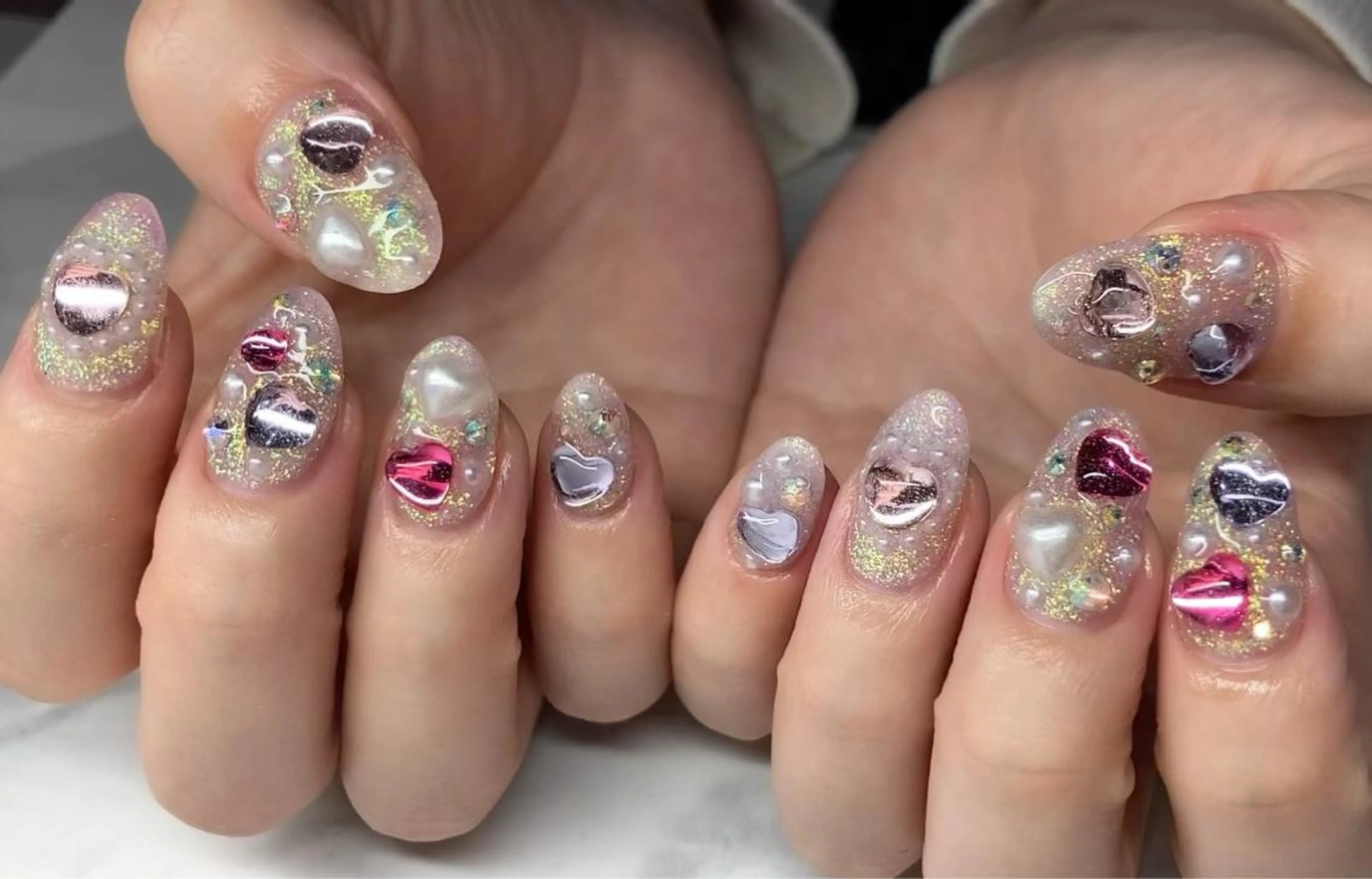 ネイル 長さ出し ジェルネイル ハート キラキラネイル 韓国ネイル ハンドネイル Nail&eye Belire 新宿のネイルデザイン